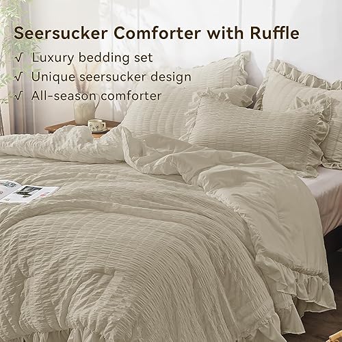 Miniatura 55 de JOLLYVOGUE - Juego de edredón tamaño queen, de 3 piezas, estilo seersucker, ligero y esponjoso para todas las estaciones, con 1 edredón con volantes