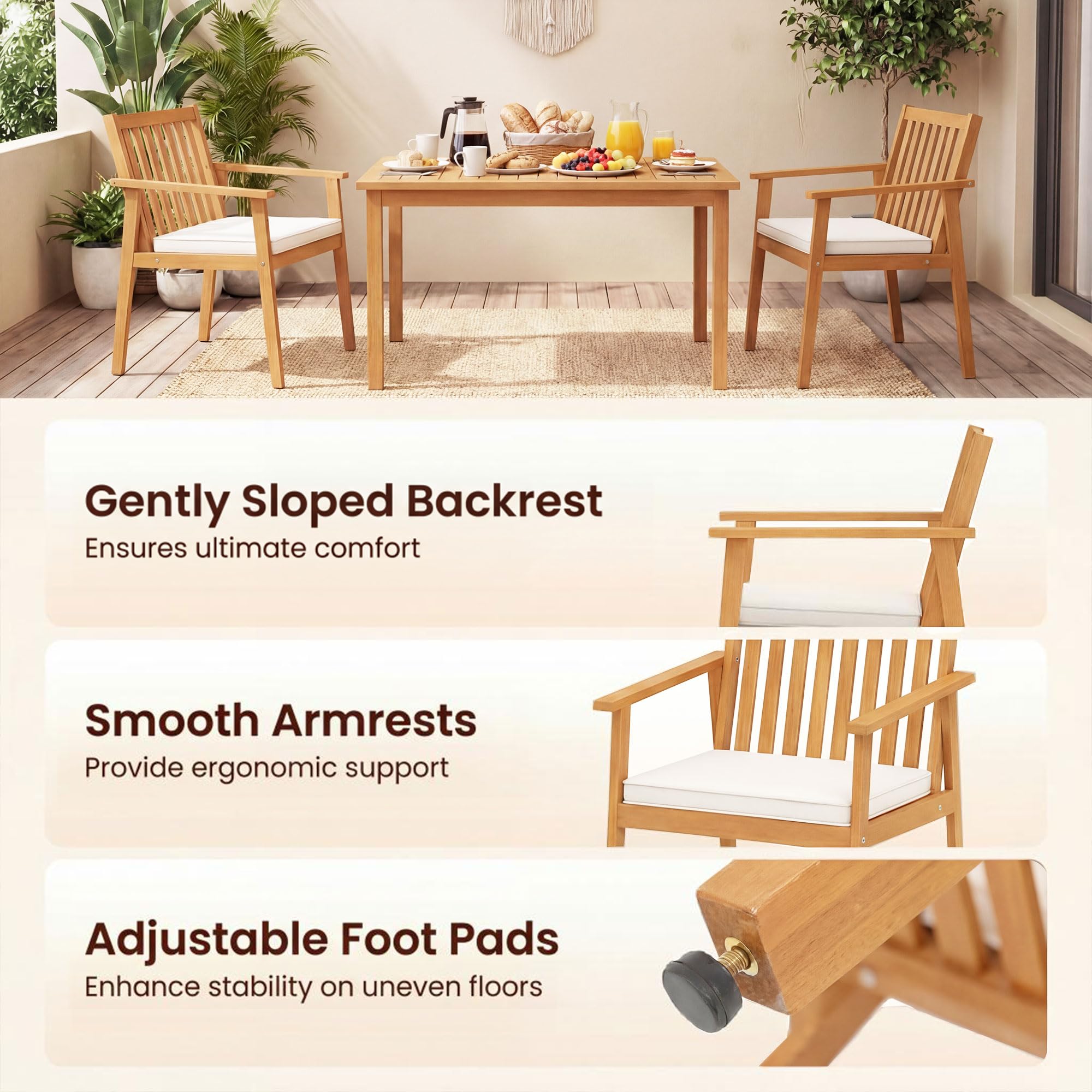 KOMFOTTEU Juego de 2 Sillas de Jardín de Madera de Acacia, Sillones de Comedor con Cojín Extraíble y Reposabrazos, Sillas Terreza Exterior Ergonómicas con Carga 180 kg (Amarillo Teca)
