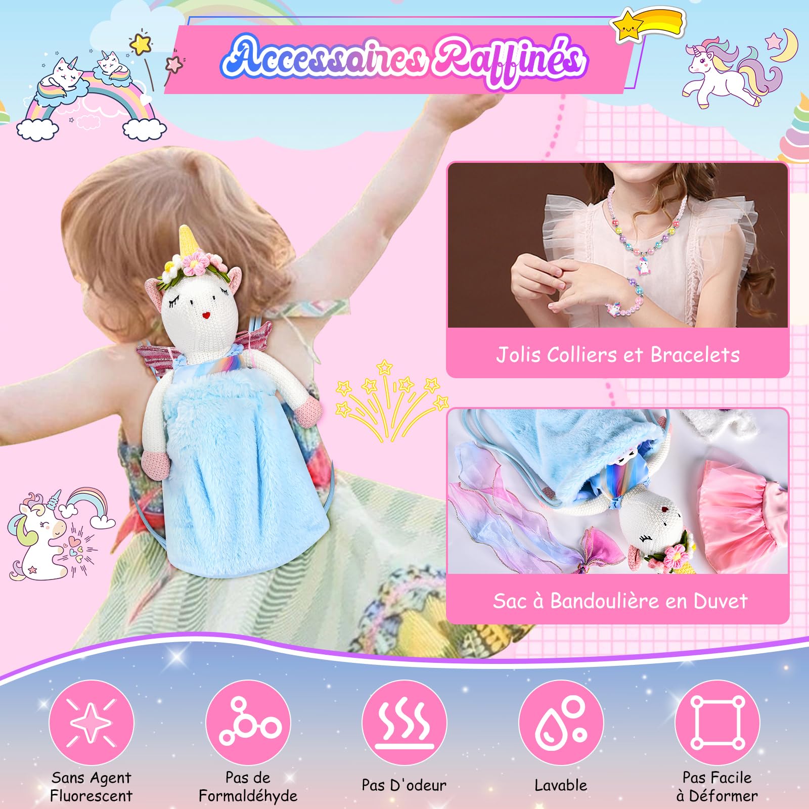 hahaland Licorne à Habiller, Licorne Peluche Jeu de Rôle pour Fille 3-7 Ans | Licorne à Habiller avec 3 Ensembles de Vêtements & 1 Sac Nuage en