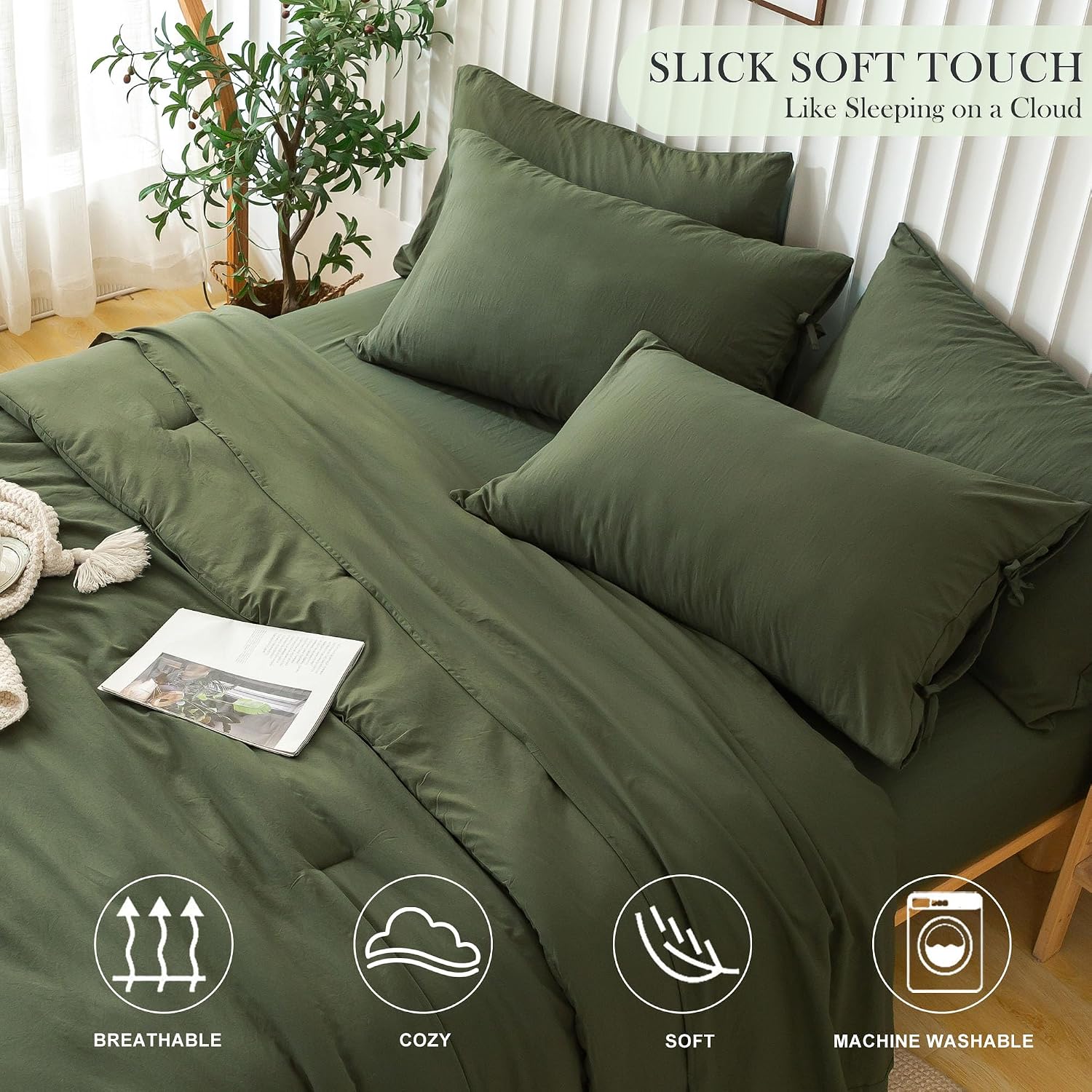COTTEBED Ultra-Soft Twin Comforter Set with Sheets - 5 Pieces Bed in a Bag Twin Down Comforter & Bedding Sheet Sets, Lightweight Boho Washed Polycotton for Kids Boy Girls All Season, Dark Olive Green