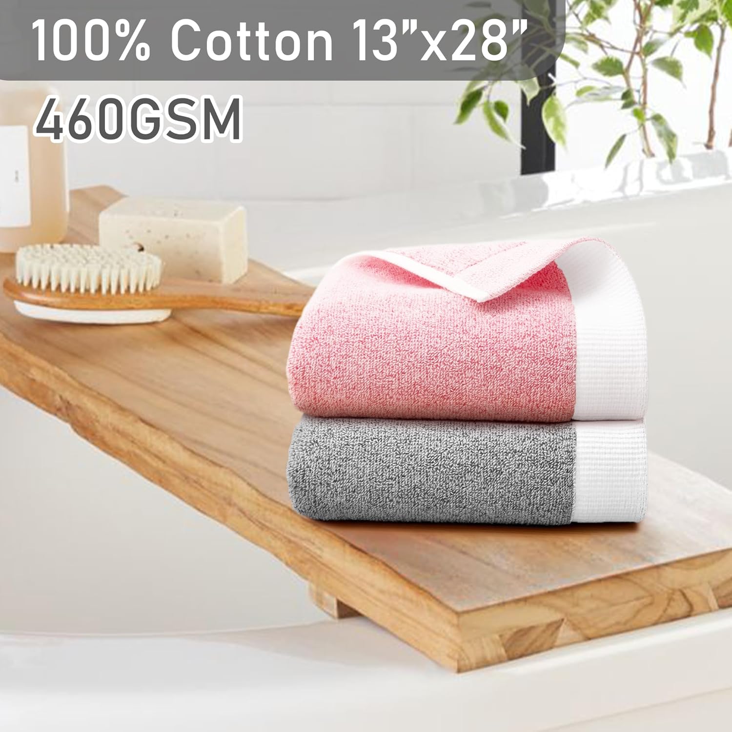 Bathroom Hand Towels Set of 4, 13"x28" - 100% Cotton | Soft | Thick 460GSM | Absorbent | Fluffy | Terry Cloth, Plush Hand Towels for Showering & Bathroom, Grey and Pink Towel with White Trim - Image 5