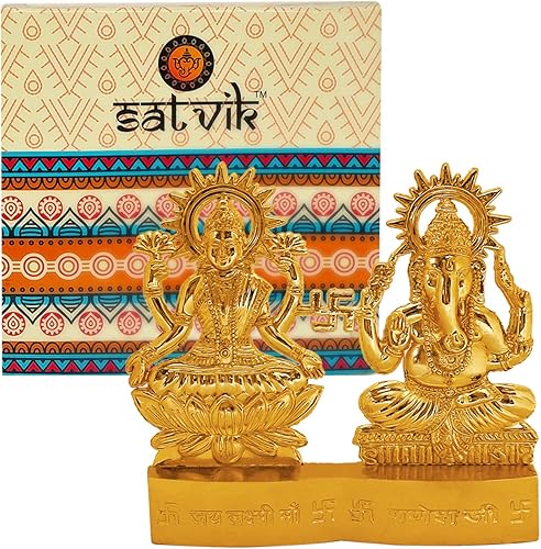 Miniatura 3 de SATVIK - Estatua de metal de Lakshmi Ganesha de 4 pulgadas, juego de murti de ídolo de Laxmi Ganesh para Pooja hindú para el hogar, decoración india