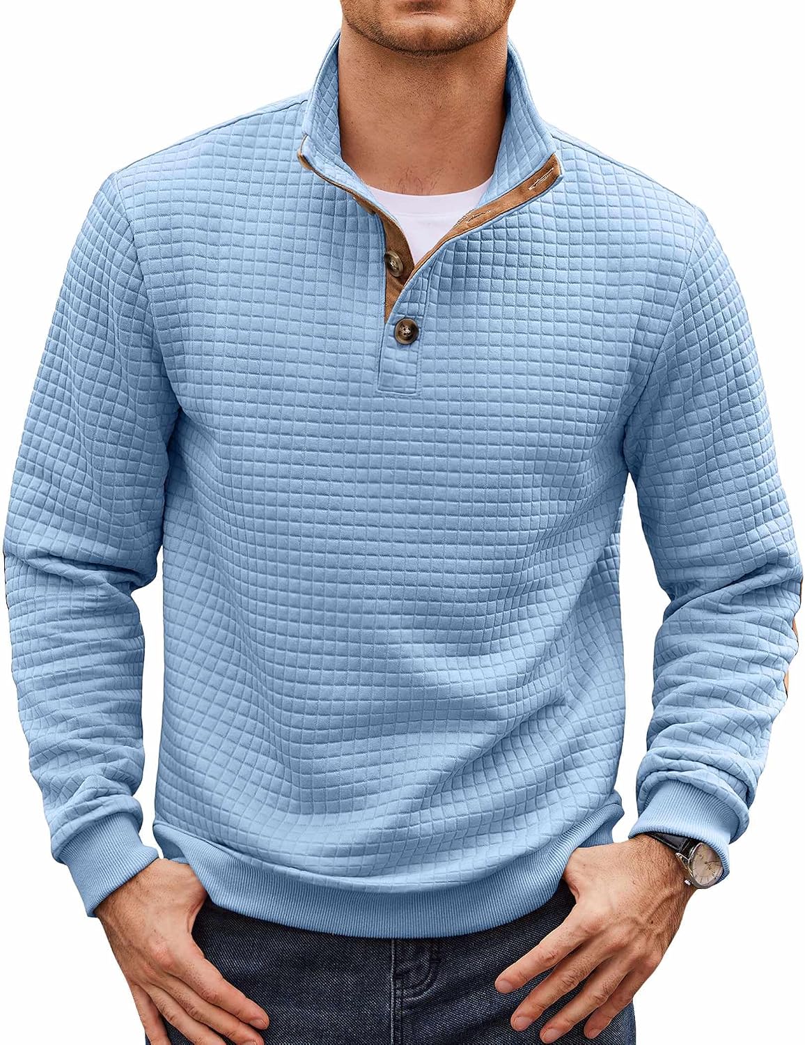 COOFANDY Mens Quarter Button Sweatshirt Long Sleeve Pullover Waffle Casual Stand Collar Sweater