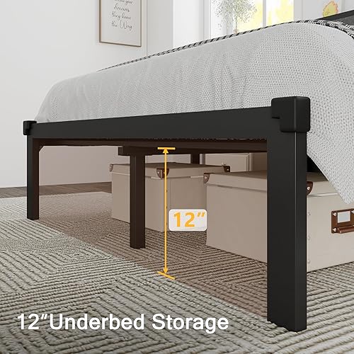 Miniatura 4 de Base de cama de metal tamaño Queen, cama de plataforma con cabecera tapizada con botones, almacenamiento debajo de la cama de 12 pulgadas, soporte