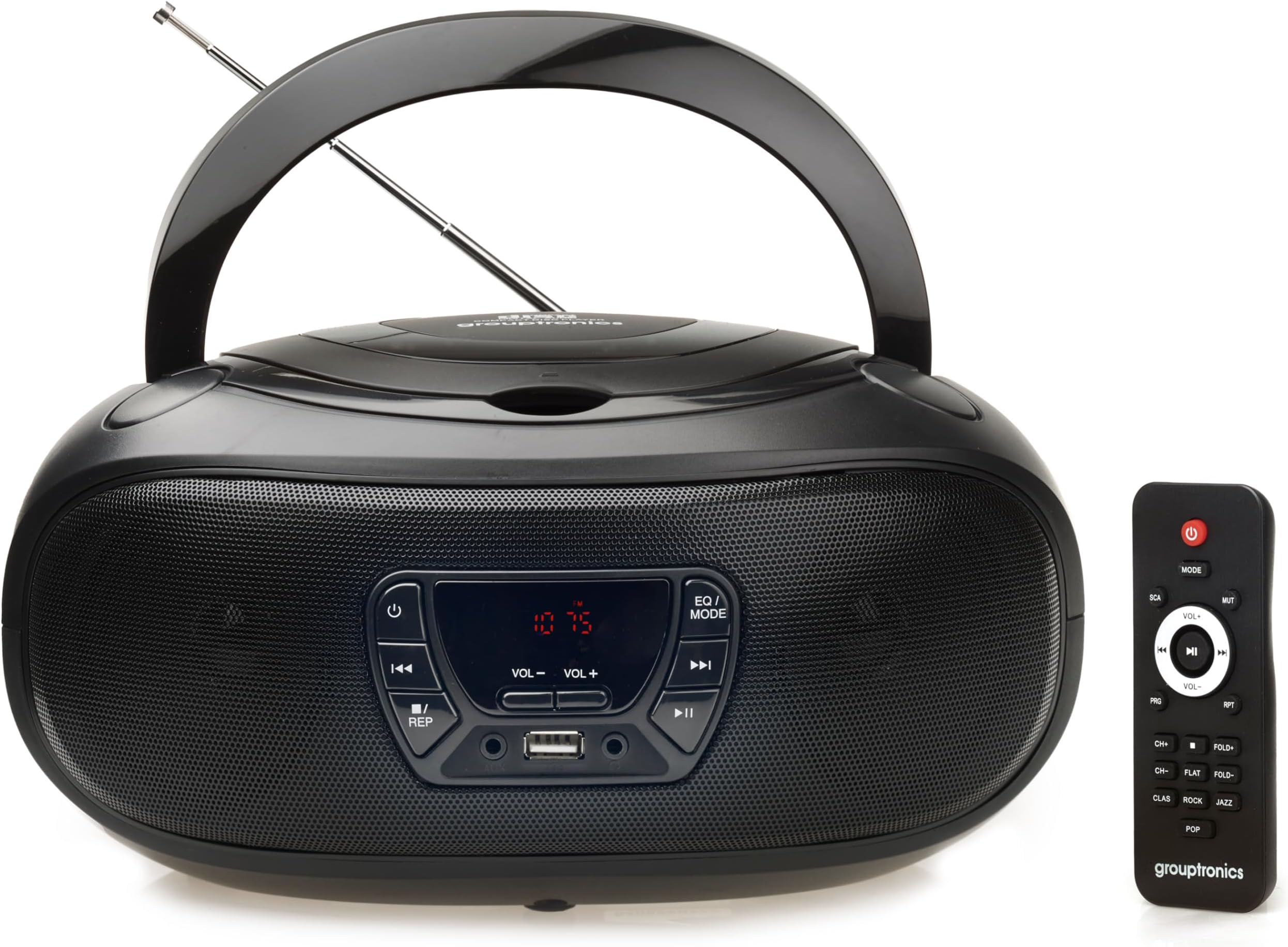 – Grouptronics Small Portable CD Player For Home With Speakers – Boombox Mains Or Battery Powered, FM Radio, Supports MP3 Audio Books & Music, Compact & Easy To Use - With USB & AUX IN - GTCDR-501