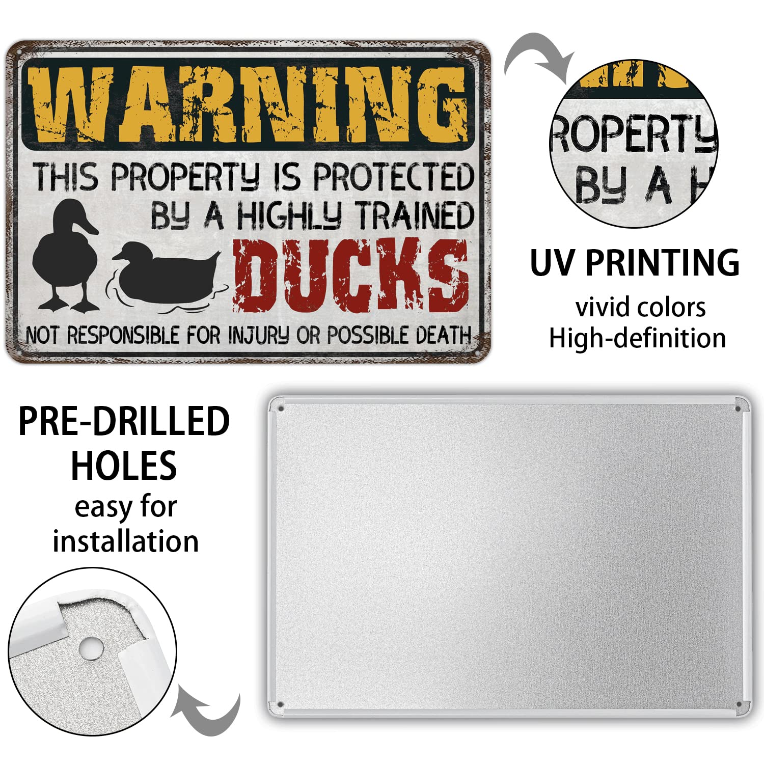 Warnschild „Protected By Highly Trained Duck“ – Metallschild 30,5x20,3 Cm, Retro-Design, Wetterfest