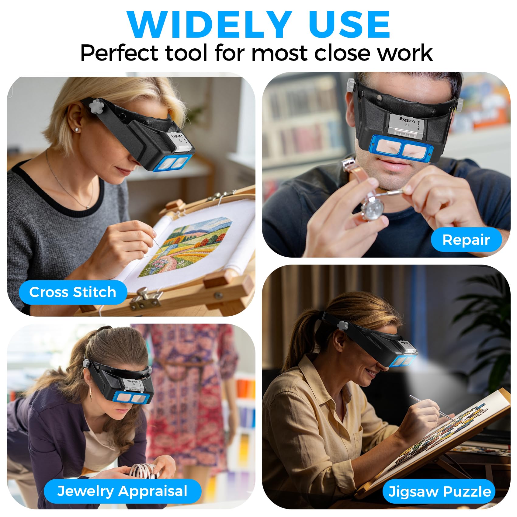 Lupa de diadema con luz, lupa recargable para pasatiempos, manualidades y trabajo cercano, manos libres con 4 lentes 1.5X-3.5X, ideal para hacer modelos de joyas, pintura de diamantes