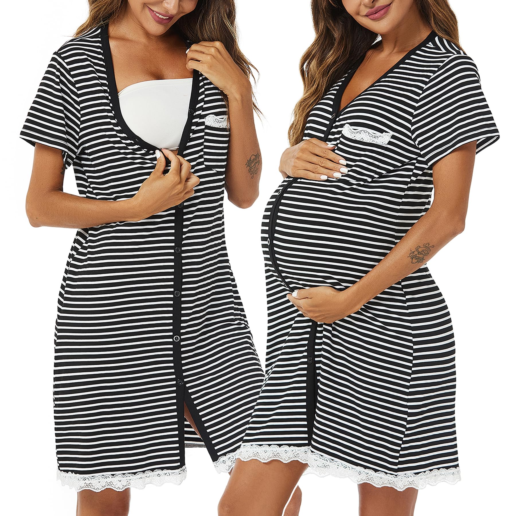 Uniexcosm Camicie da Notte Parto Cotone Camicia Notte Premaman con Scollo A V Manica Corta Aperto Anteriore Camicia da Notte Donne Gravidanza