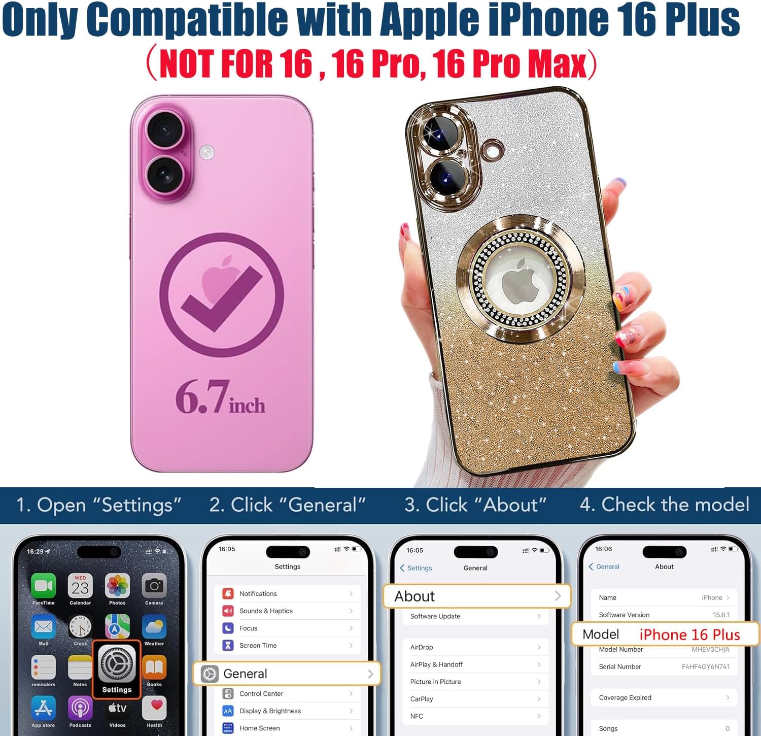 Misscase for iPhone 16 Plus Magnetic Glitter Case Compatible with MagSafe,Full Protection Slim Shockproof Anti-Scratch Case with Camera Lens Protector Logo View Dust-Proof Net for Women Gold - Image 2