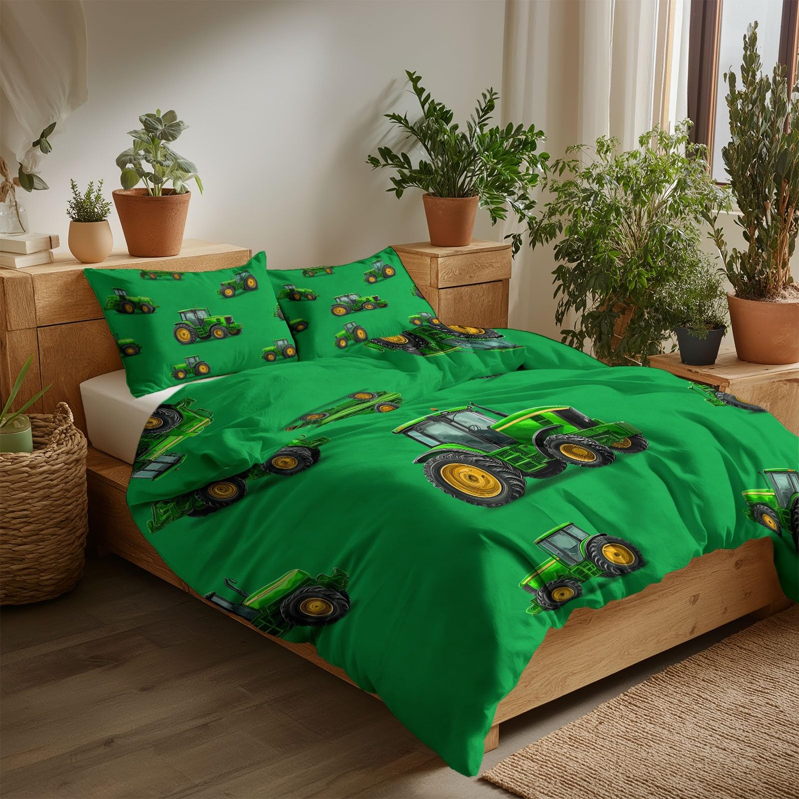 Juego de Funda Nórdica 3 Piezas para Cama 105 - Funda Edredón Reversible 180x220 cm Casa De Campo Tractor, Ropa de Cama Verde para Cama Individual y Matrimonio
