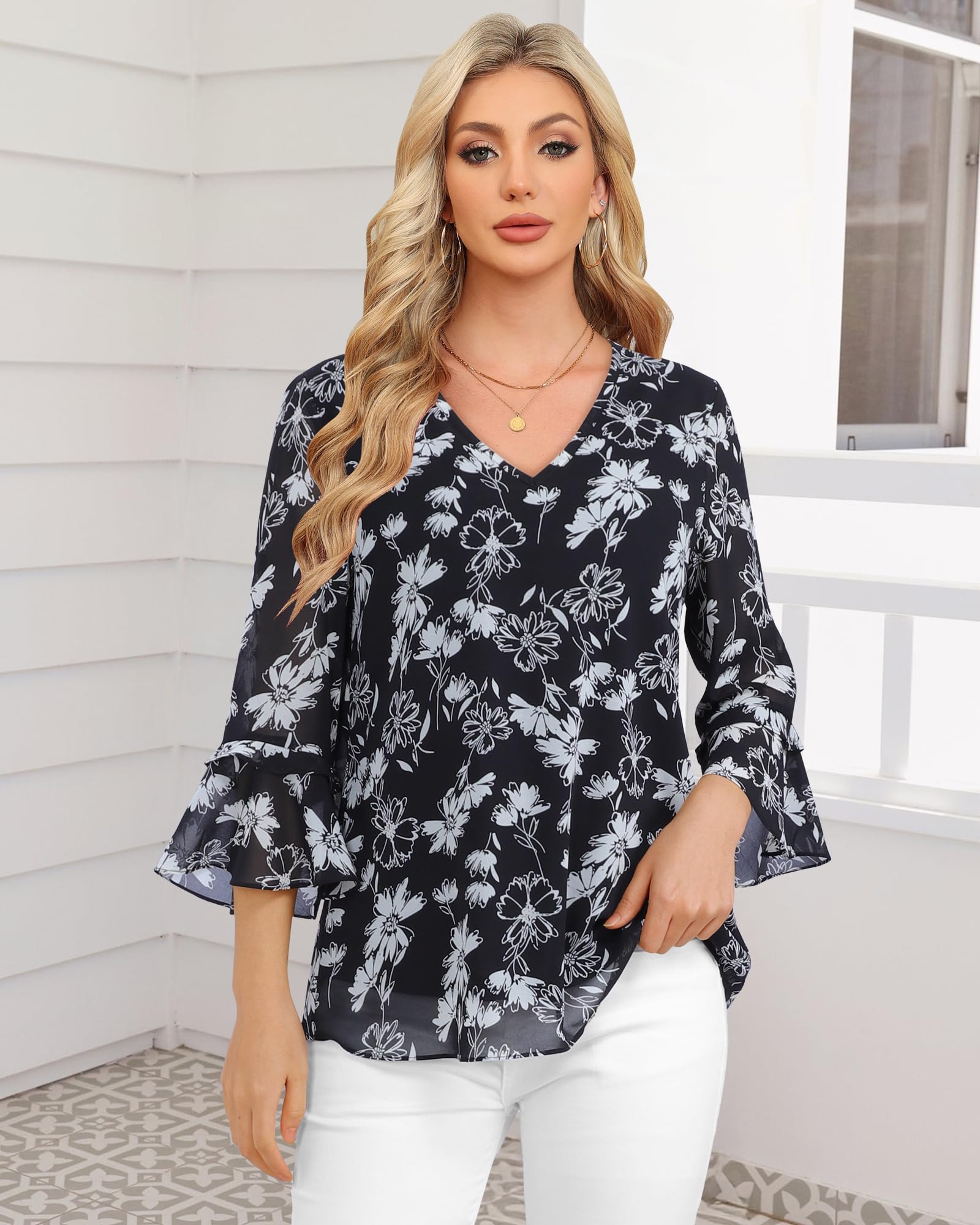 Bebonnie Camicette da donna eleganti e casual, con maniche a 3/4, scollo a V, in chiffon
