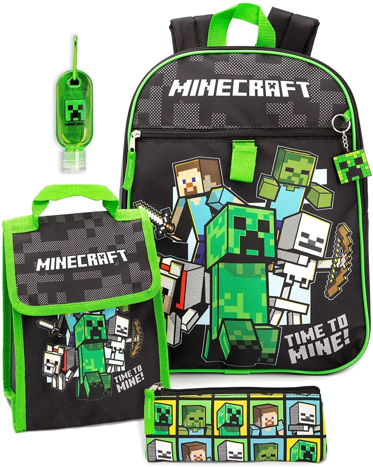 Minecraft 5 Piece Backpack Set | Lunch Bag | Pencil Case | Keyring | Dispenser