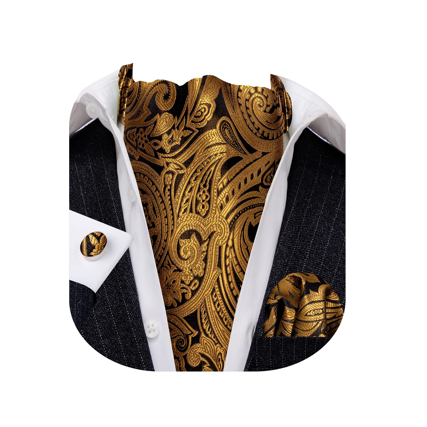 Barry.Wang Mens Cravat Tie Silk Ascot Paisley Scarf Self Ties Pocket Square Cufflinks Set Dress Wedding