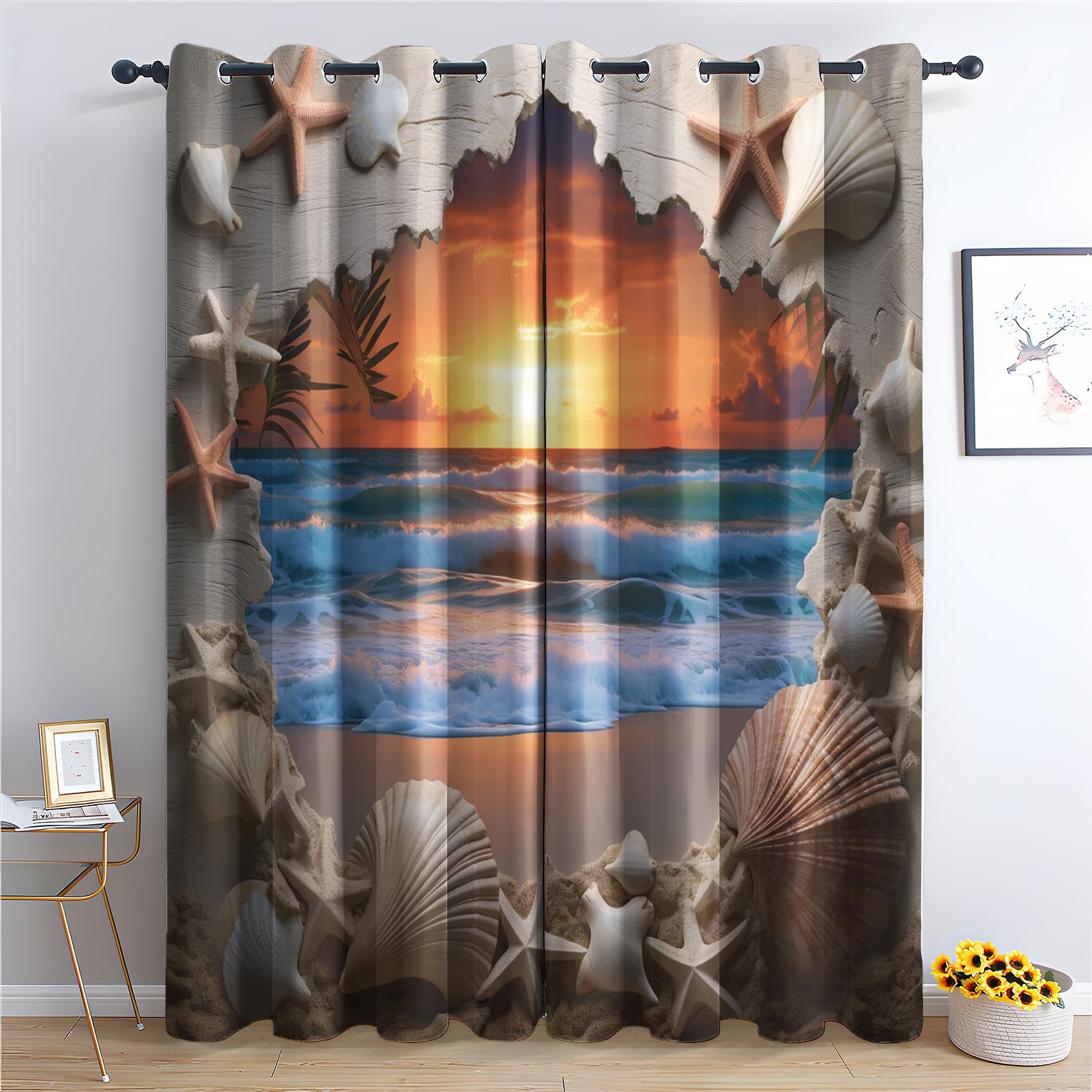 Beach Escape Blackout Curtains for Living Room, Shell 3D Ocean View Sunset Coastal Curtains for Bedroom, Thermal Insulated Noise Reduction Eyelet Window Treatments 62 Drop, 2 Panels Drapes (W52 x L62)