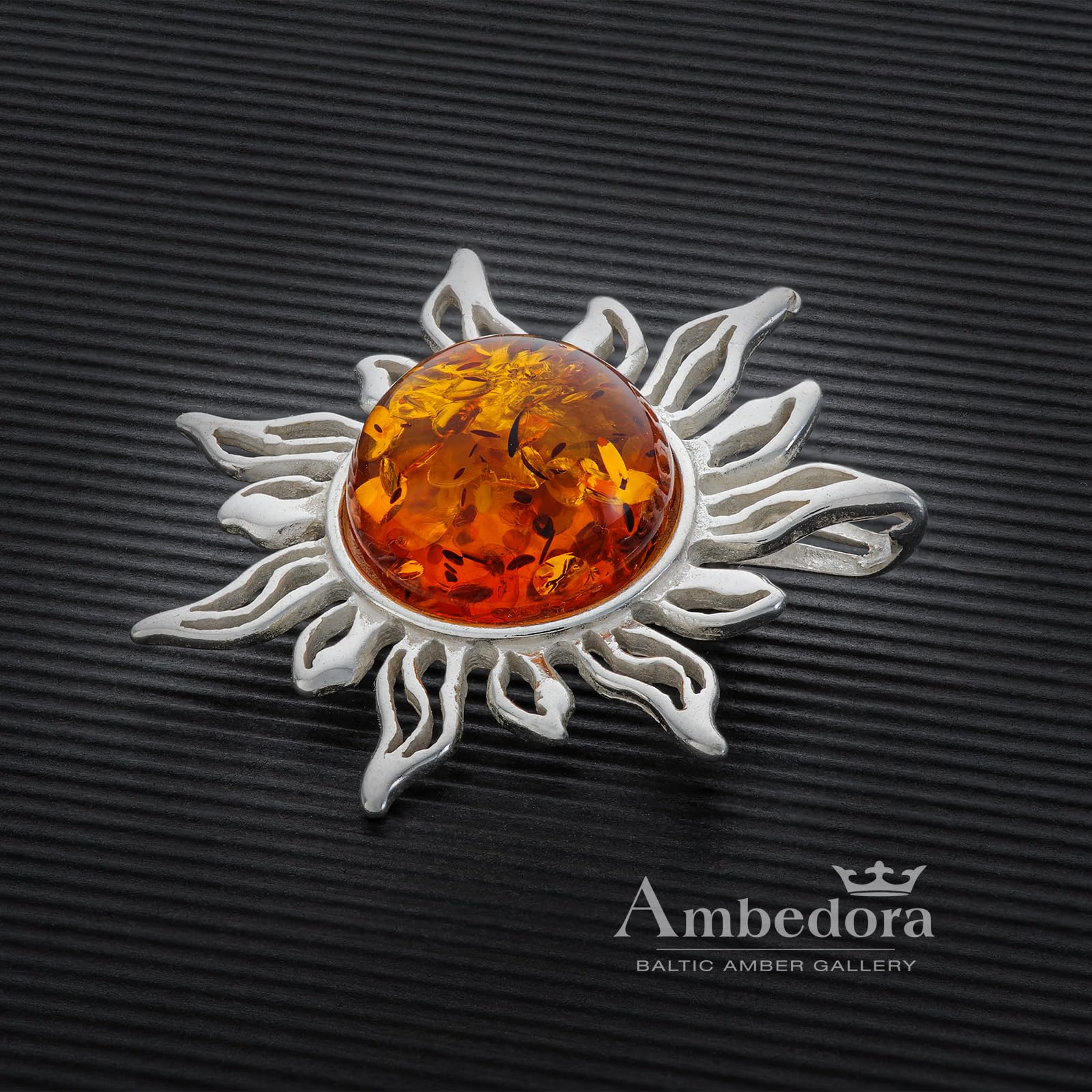 Spilla Sole da Donna in Argento con Ambra, Argento Sterling Lucidato, Ambra Baltica Naturale Color Cognac