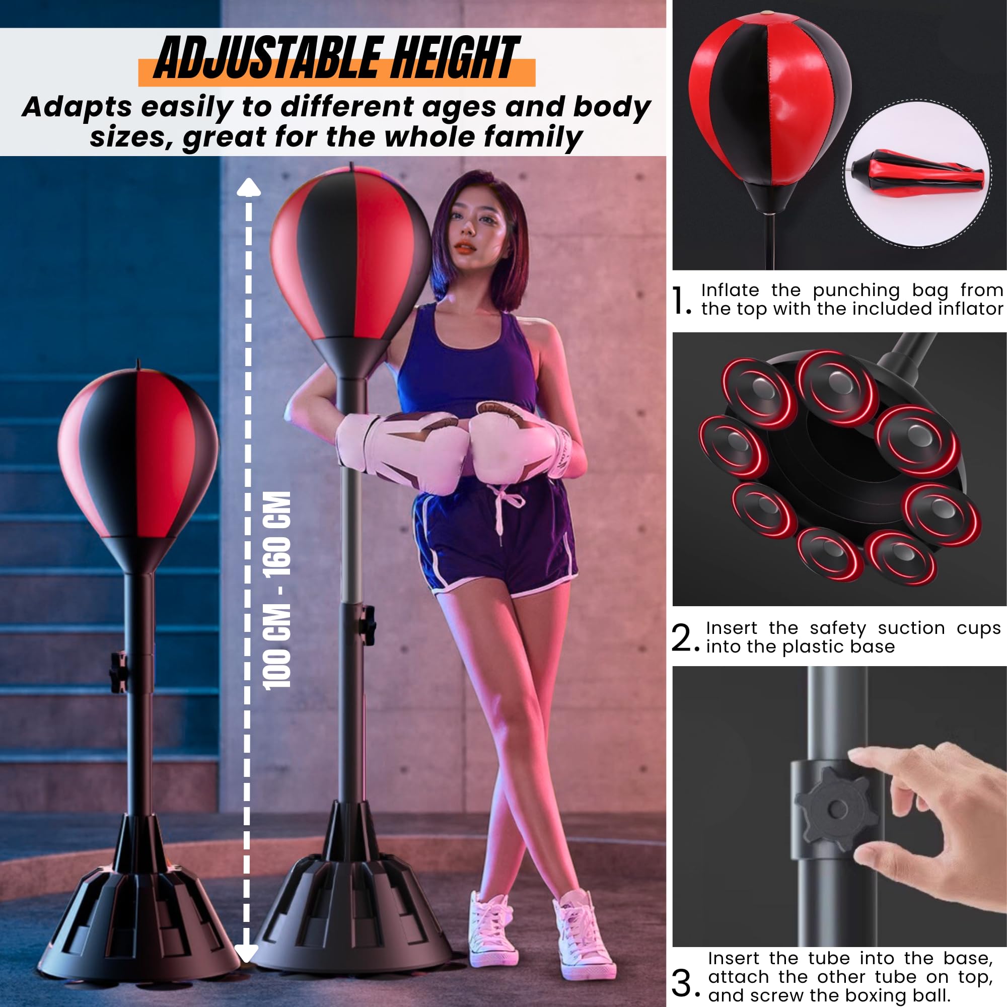Bola de Boxeo con Soporte Ajustable, Saco de Boxeo Vertical, Base Fija, Incluye Guantes, Inflador y Destornillador. Pelota de PU de Alto Rebote. Entrenamiento en Casa Ideal para Niños y Adultos.