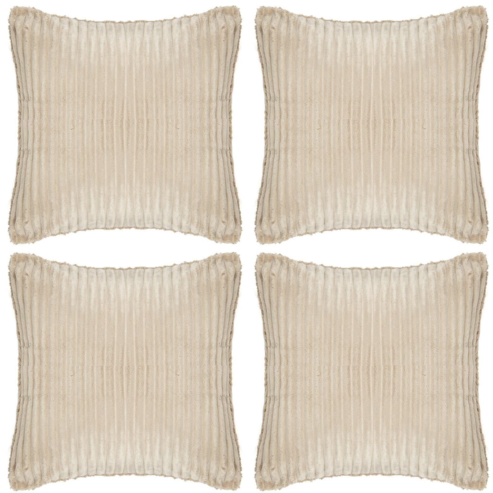 Adore Home 4 Pack Ribbed Cushion Covers 45x45cm with Soft Sherpa Reverse | Reversible Cosy Fleece Stylish Pillow Cases, Natural