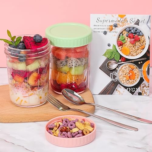 Miniatura 3 de 4 recipientes de avena durante la noche con tapa y cuchara, tarro Mason de 14 onzas de ancho, recipiente reutilizable para preparación de comidas,