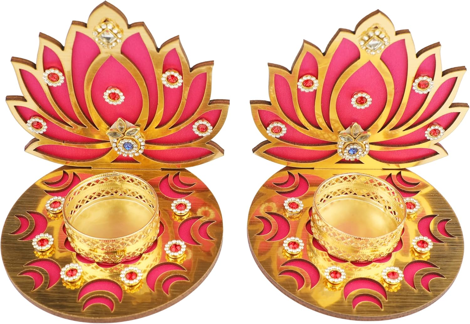 Aditri Creation Set of 2 Decorative MDF Wooden Lotus T Light Holder Candle Stand Tealight Holder for Indian Festival New Year Decorations Lighting Accessories (Without Wax)(Size:-4" Inches)(Pink)