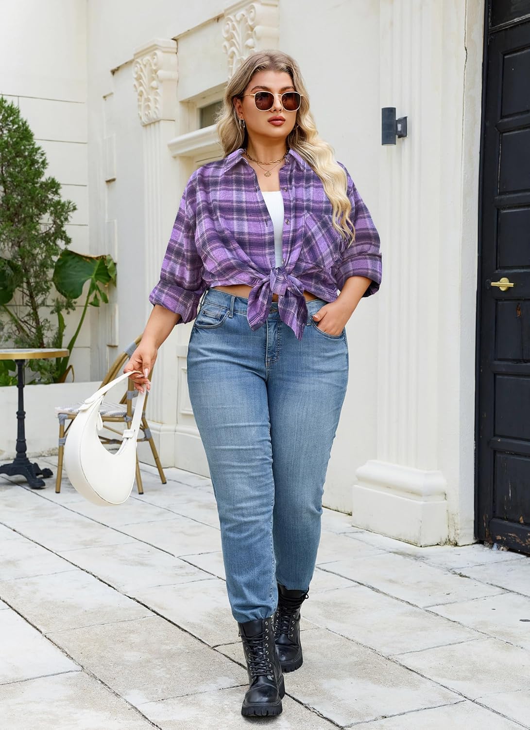 Womens Plaid Shirts Plus Size Soft Long Sleeve Button Down Flannel Shirt Roll Up Oversize Checkered Blouse Top - Image 4