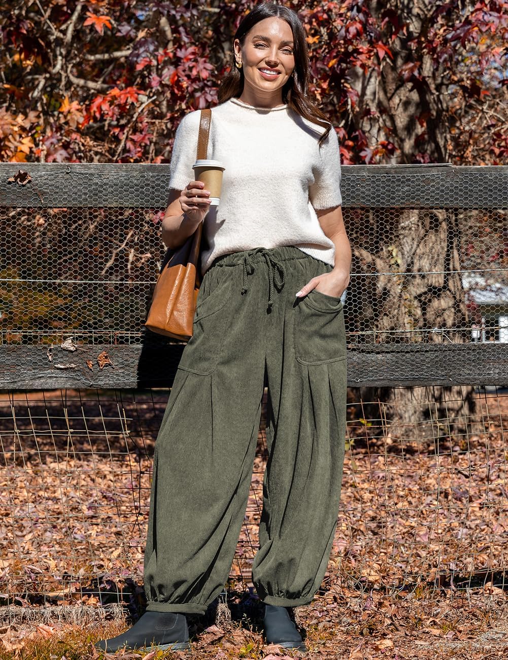 TARSE Womens Corduroy Pants Harem Casual Loose Fit Baggy Elastic Waist Lantern Fall Pants with Pockets - Image 2