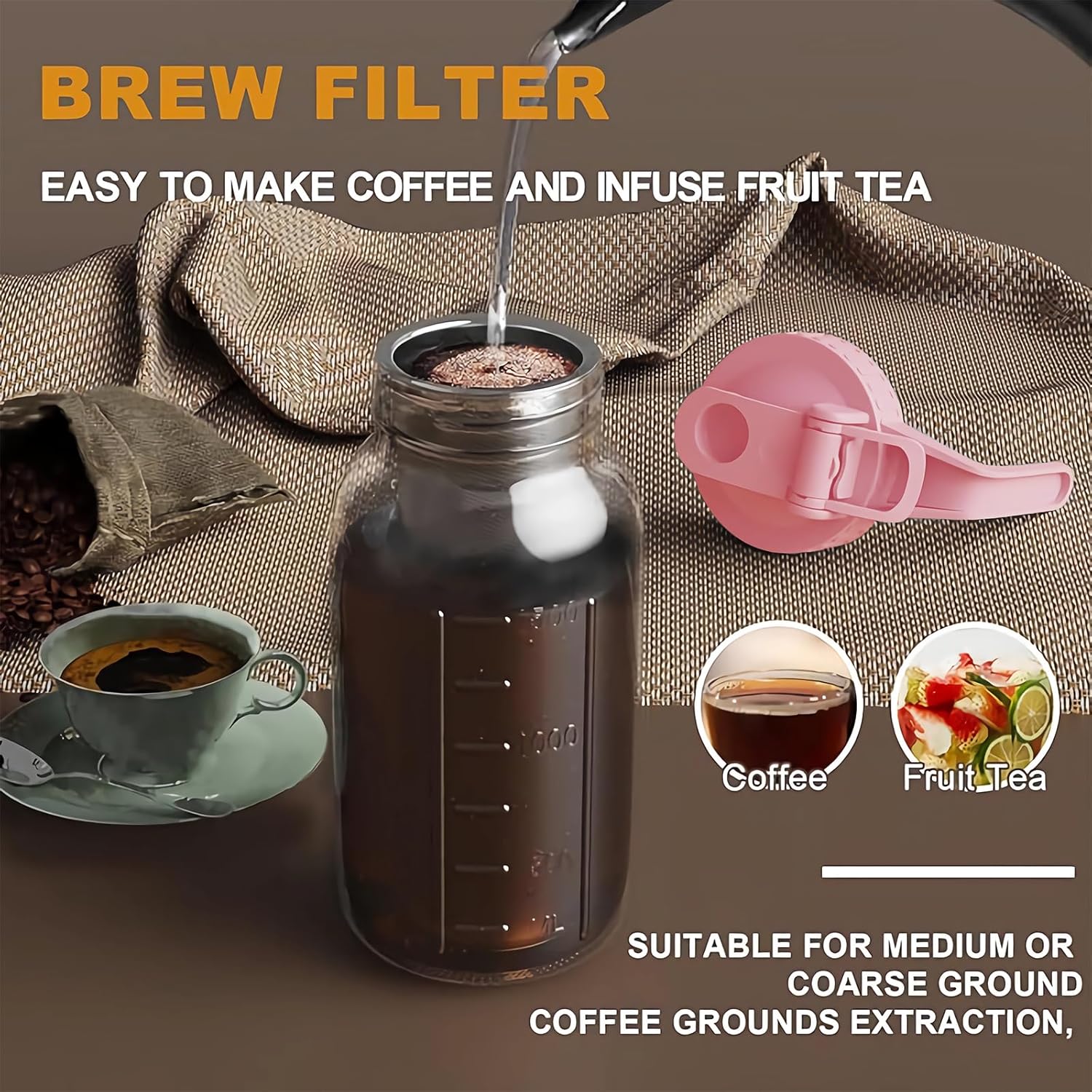 Cold Brew Coffee Maker Jar - 64oz Thick Glass Multipurpose Mason Pitcher Spout Lid with Handle & Stainless Steel Filter for Iced Coffee, Lemonade, Ice Tea, Homemade Fruit Drinks Container - Image 6