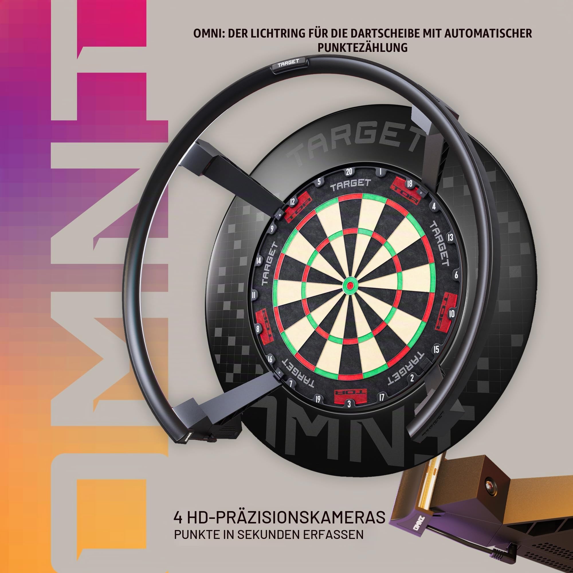 Target Darts Omni Ultimate Home Set up | Automatisches Punktesystem mit Wandschutz und Tor-Dartscheibe | LED-Beleuchtungssystem | 90% Wolframstahl-Dartpfeile und Nr. 6 K-Flex