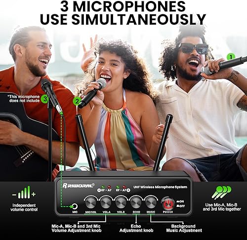 Miniatura 2 de Sistema de micrófono inalámbrico de doble canal, juego de micrófono inalámbrico de mano con eco/música Bluetooth/ajuste de volumen, micrófono