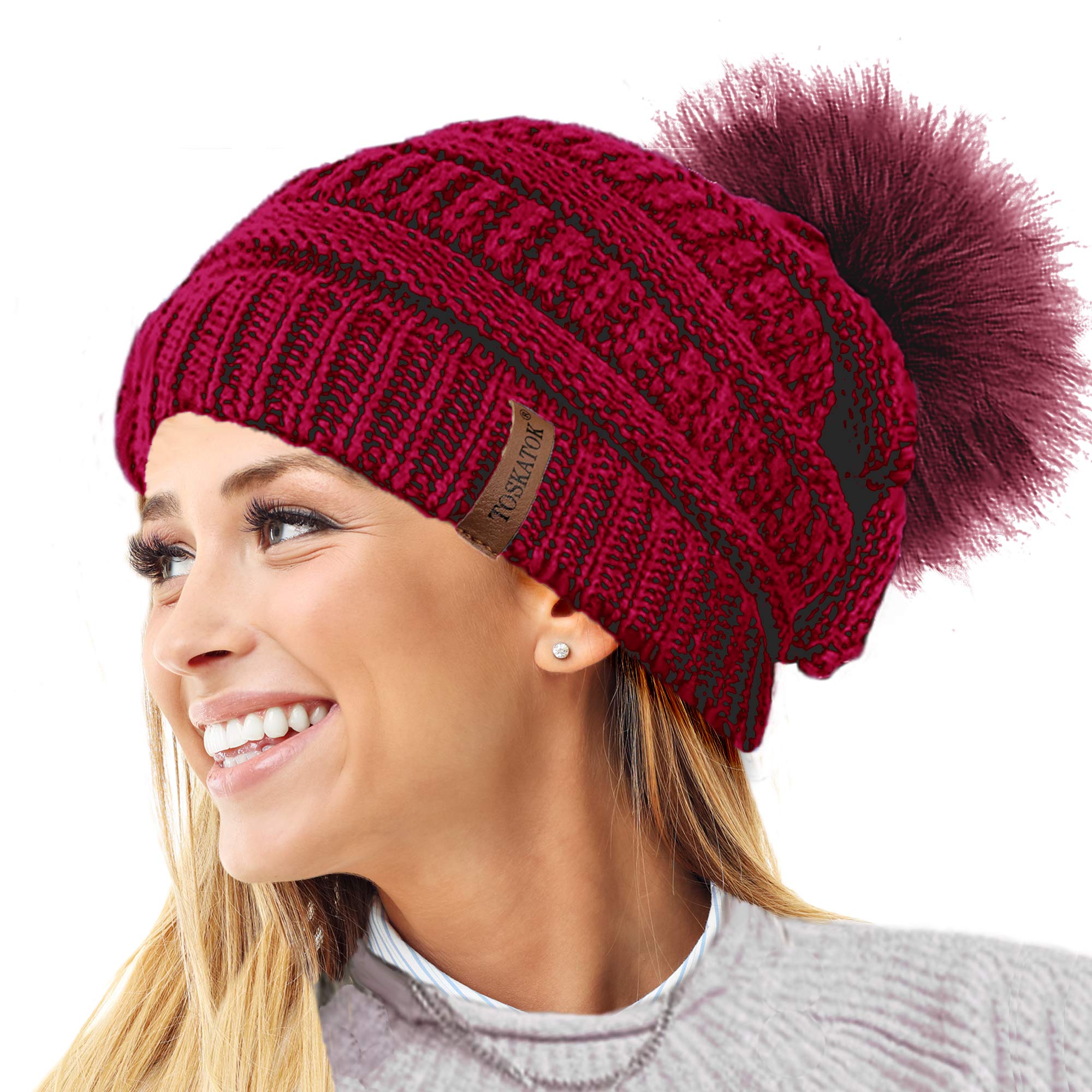 Toskatok Women's Red Toskatok® Textu Knit Beanie Hat With Detachable Faux Fur Pom Pom - Buy With 1 2 Pom Poms…