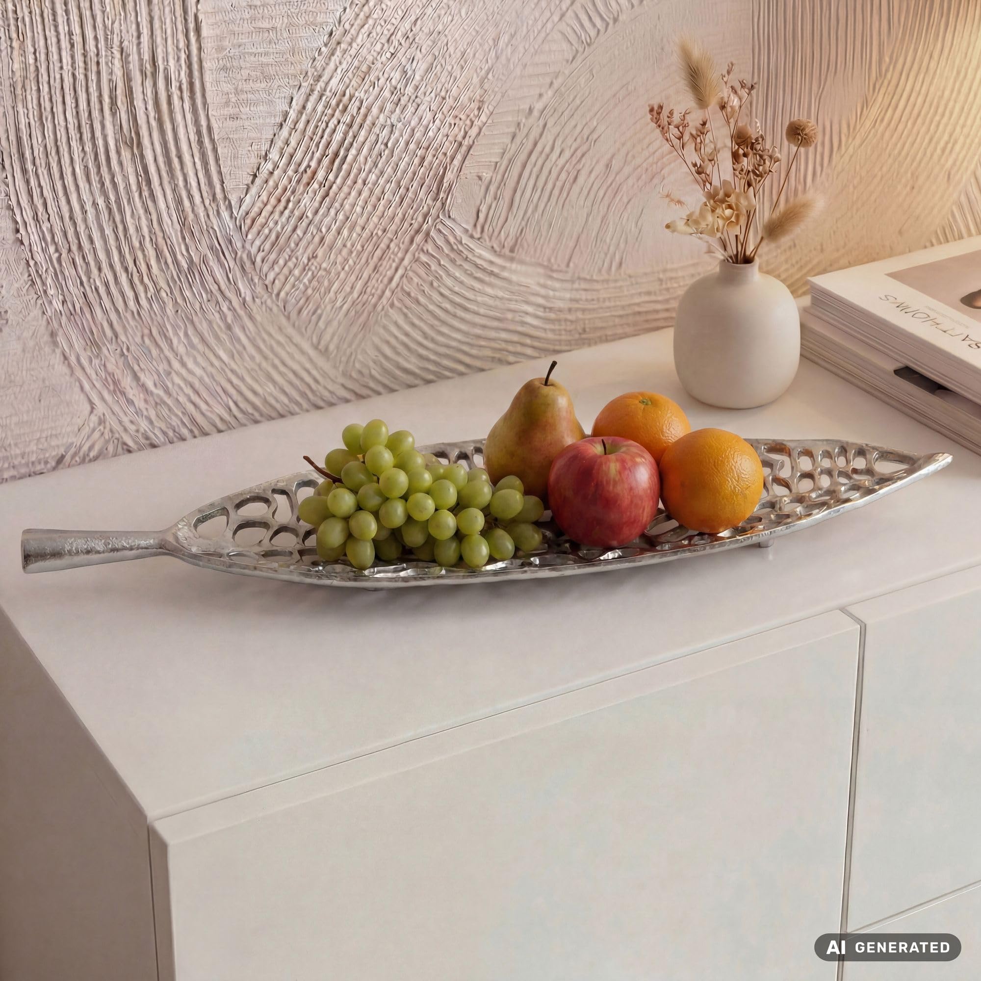 FineBuy Misa na owoce 63 x 15 x 5 cm Srebrna Aluminium Handmade