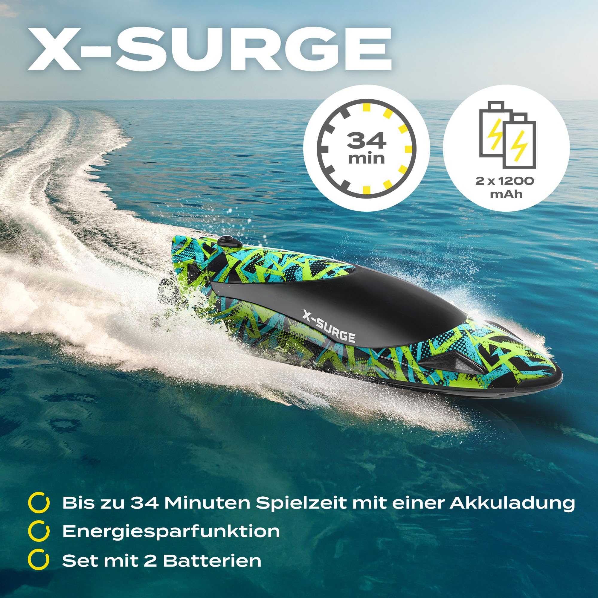 Overmax X-Surge Ferngesteuertes RC Speedboat Rennboot mit LED 35 km/h | 1200 mAh Akkus 30 Minuten Spaß Geschwindigkeitskontrolle Reichweite bis zu 100 m, EIN Spielzeug für Pool und See