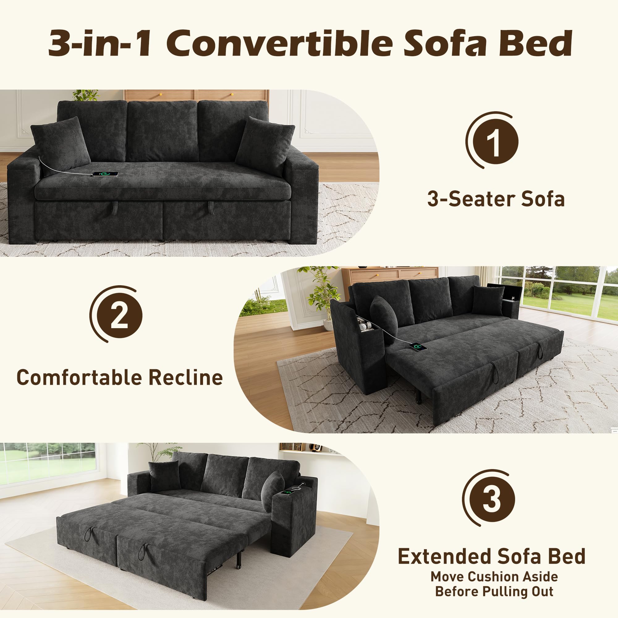 3-in-1 multifunktionales 3-Sitzer Sofa mit Schlaffunktion, ausziehbarem Metallrahmen, Stauraum, Armlehnen-Ablage, Grau.
