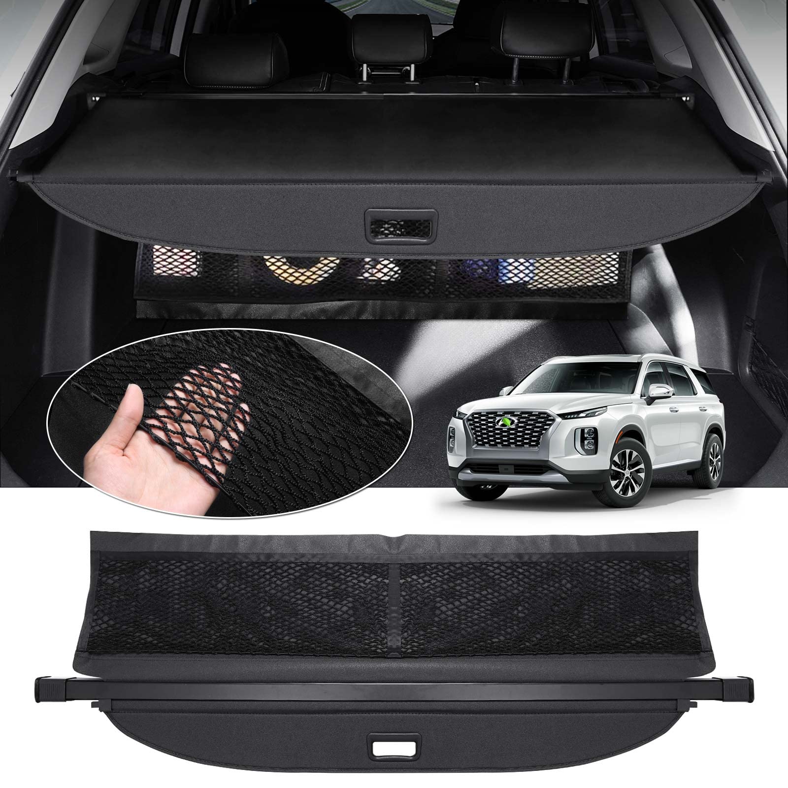 Automiim Comptatible with Cargo Cover Hyundai Palisade 2023 2022 2021 2020 Trunk Cover with Extra Storage Net Retractable Security Shield Shade Upgraded Version (Behind 2nd Row Seats)