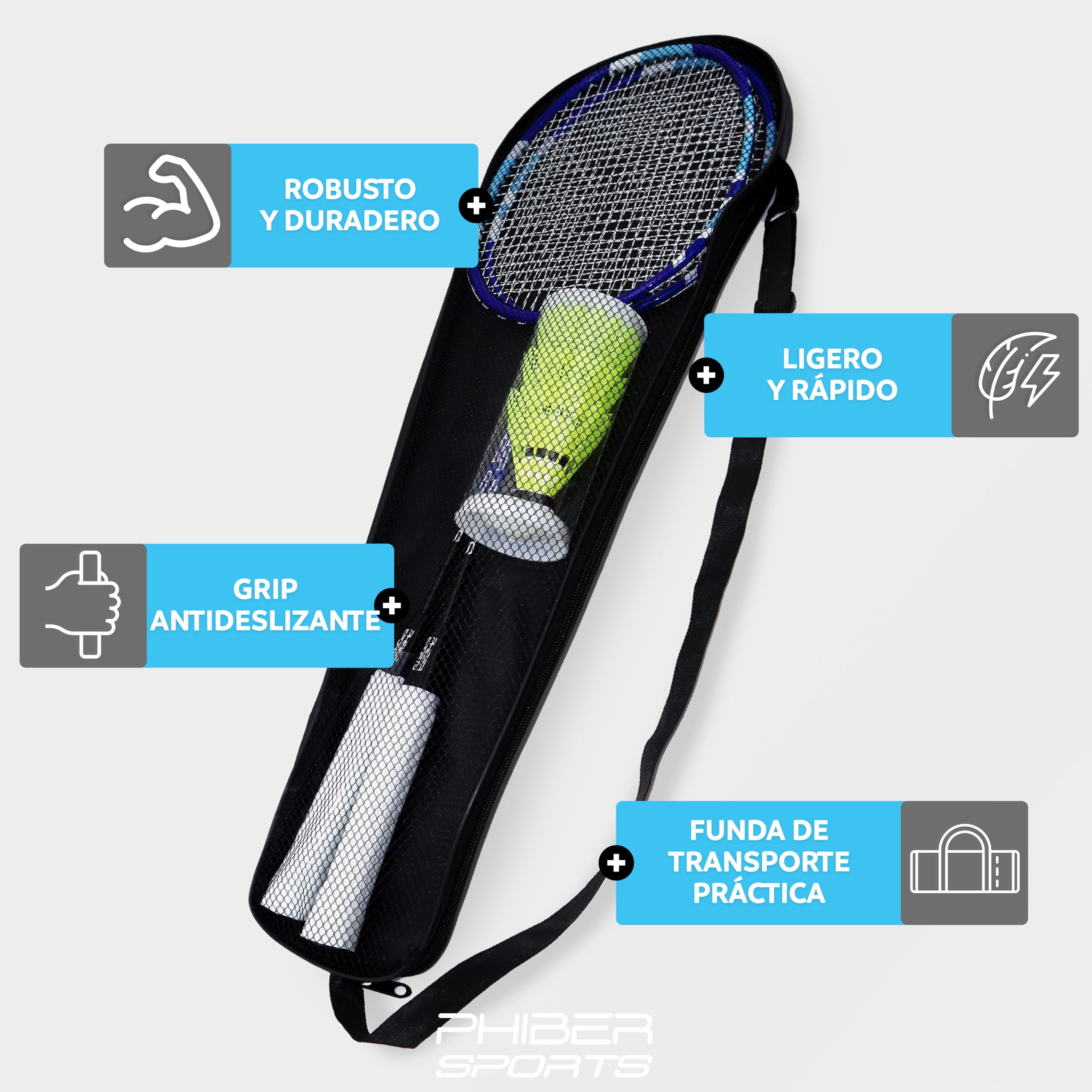 PHIBER-SPORTS Juego de raquetas de bádminton 2 raquetas 3 volantes bolsa para jardín parque