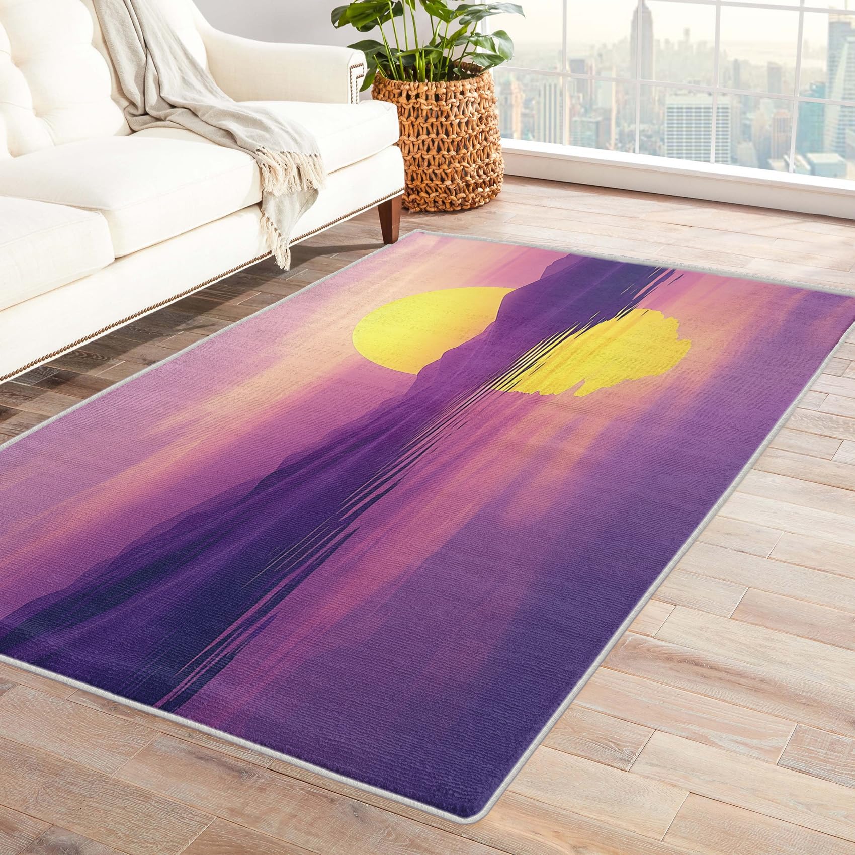 Crizdryn Area Rug 3x4, Sunset Rug, Landscape Mountain Carpet, Washable Purple Rugs for Living Room, Bedroom, Dining Room, Office, Non-Slip,