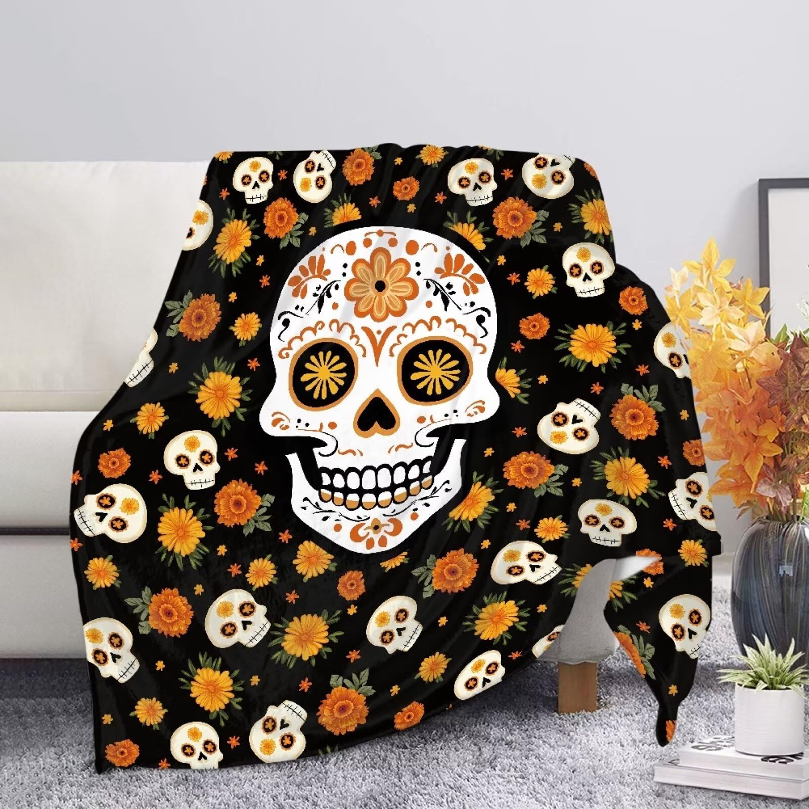 Allcute Aztec Floral Skull Throw Blanket for Couch Sofa Throws Fluffy Soft Winter Fall Blanket Home Decor Living Room Twin Size Black Throw Blankets — image 1