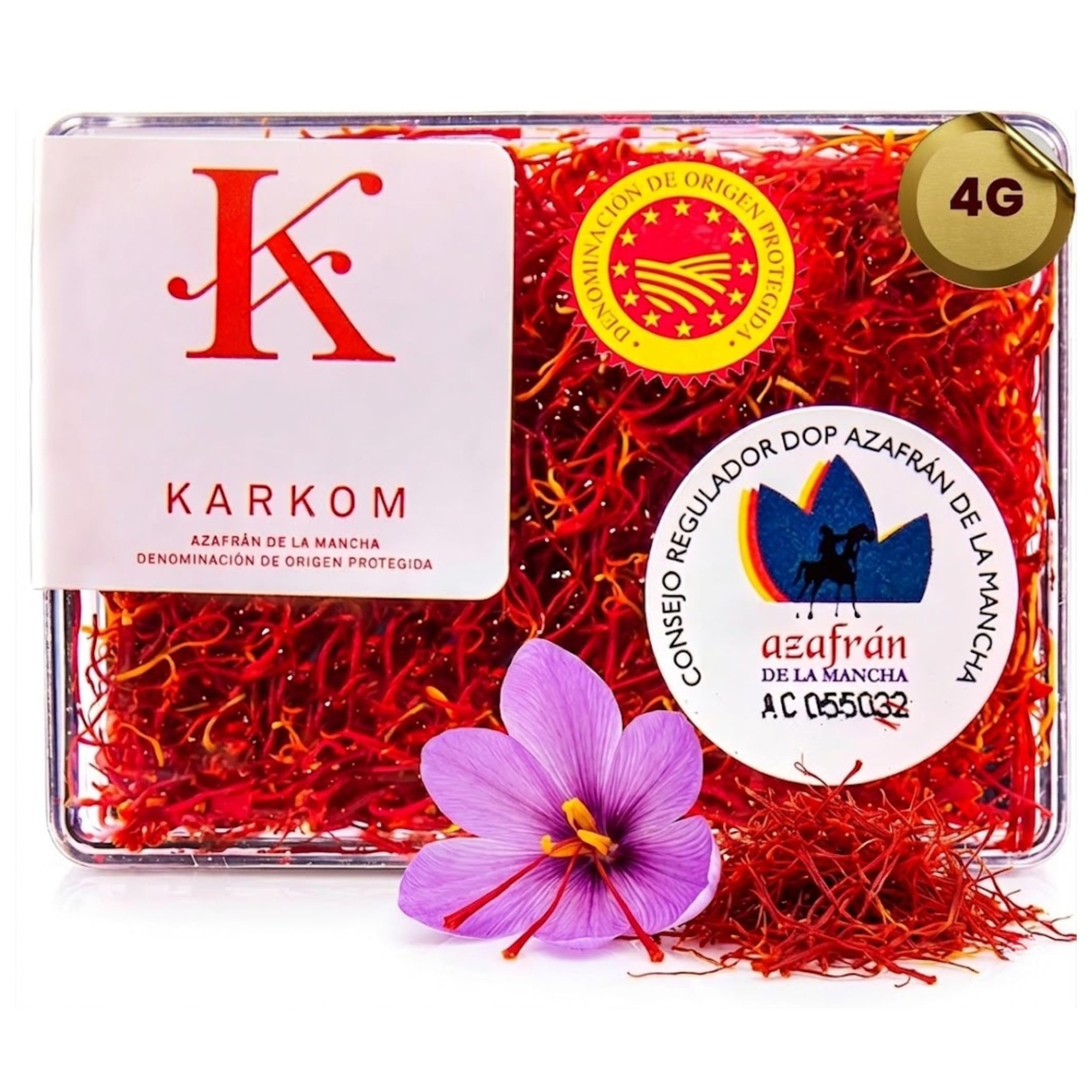 Azafrán DOP en Hebras Español Natural 100%, Perfecto Sazonador para Paella y Comidas Gourmet, Azafrán de Hebra Premium en Caja de 4gr
