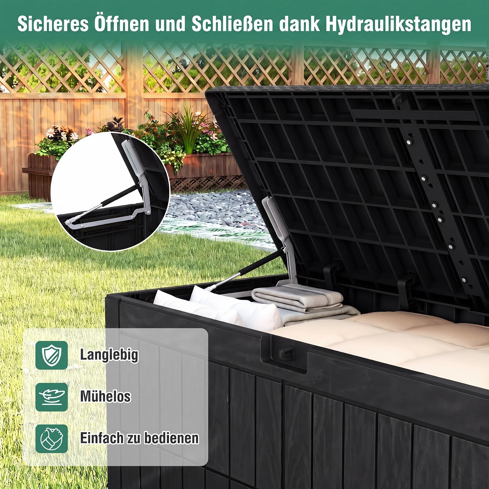 GYMAX 455 L wetterfeste Auflagenbox, abschließbare Aufbewahrungsbox mit Deckel, Gasdruckfedern & Griffen, 2-in-1 Terrassenbank und Kissenbox für Kissen, Gartenwerkzeug & Poolzubehör