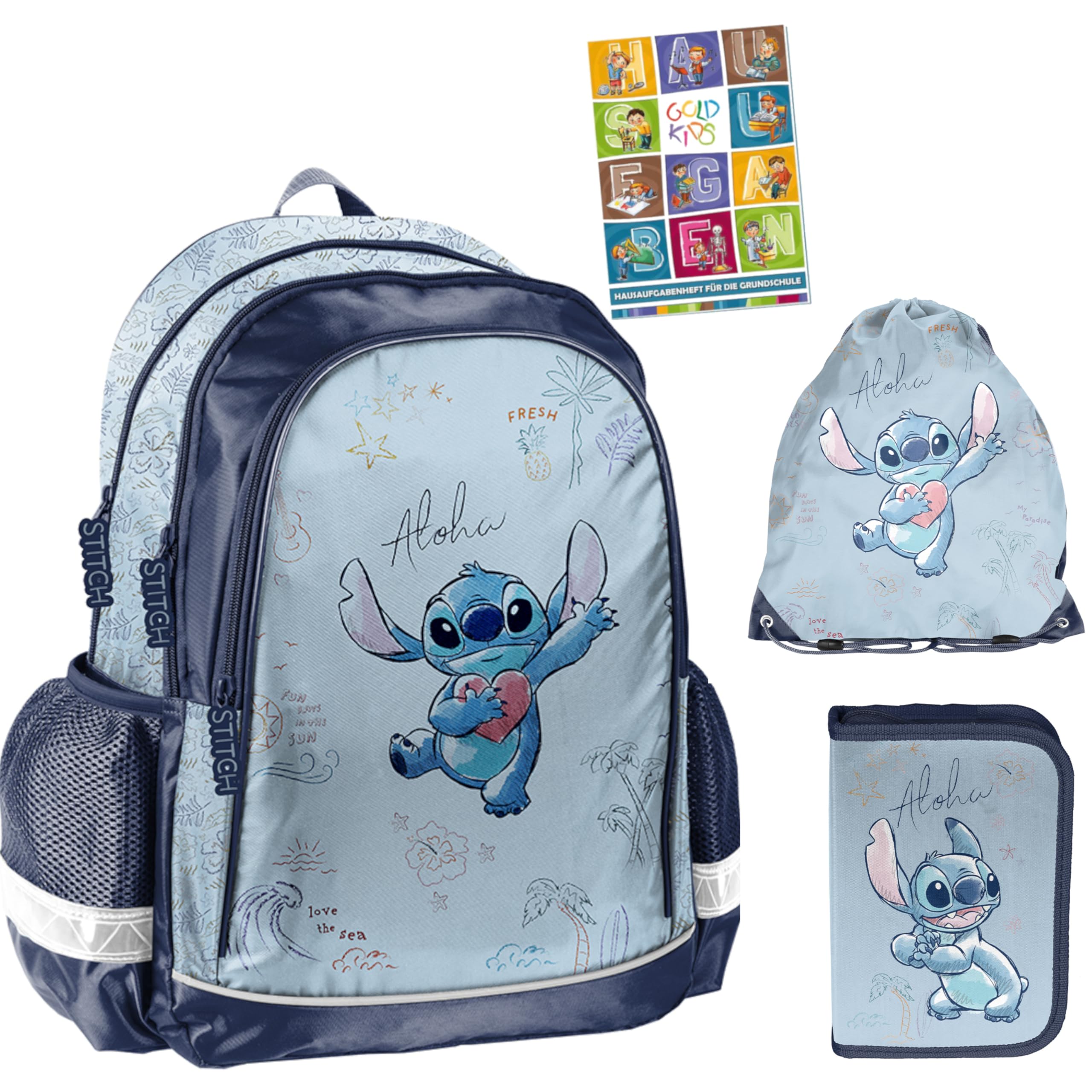 PASO Set di 4 zaini per la scuola per bambini e bambine, con astuccio, astuccio per scarpe e quaderno per i compiti, motivo Stitch, 1-3 elementi