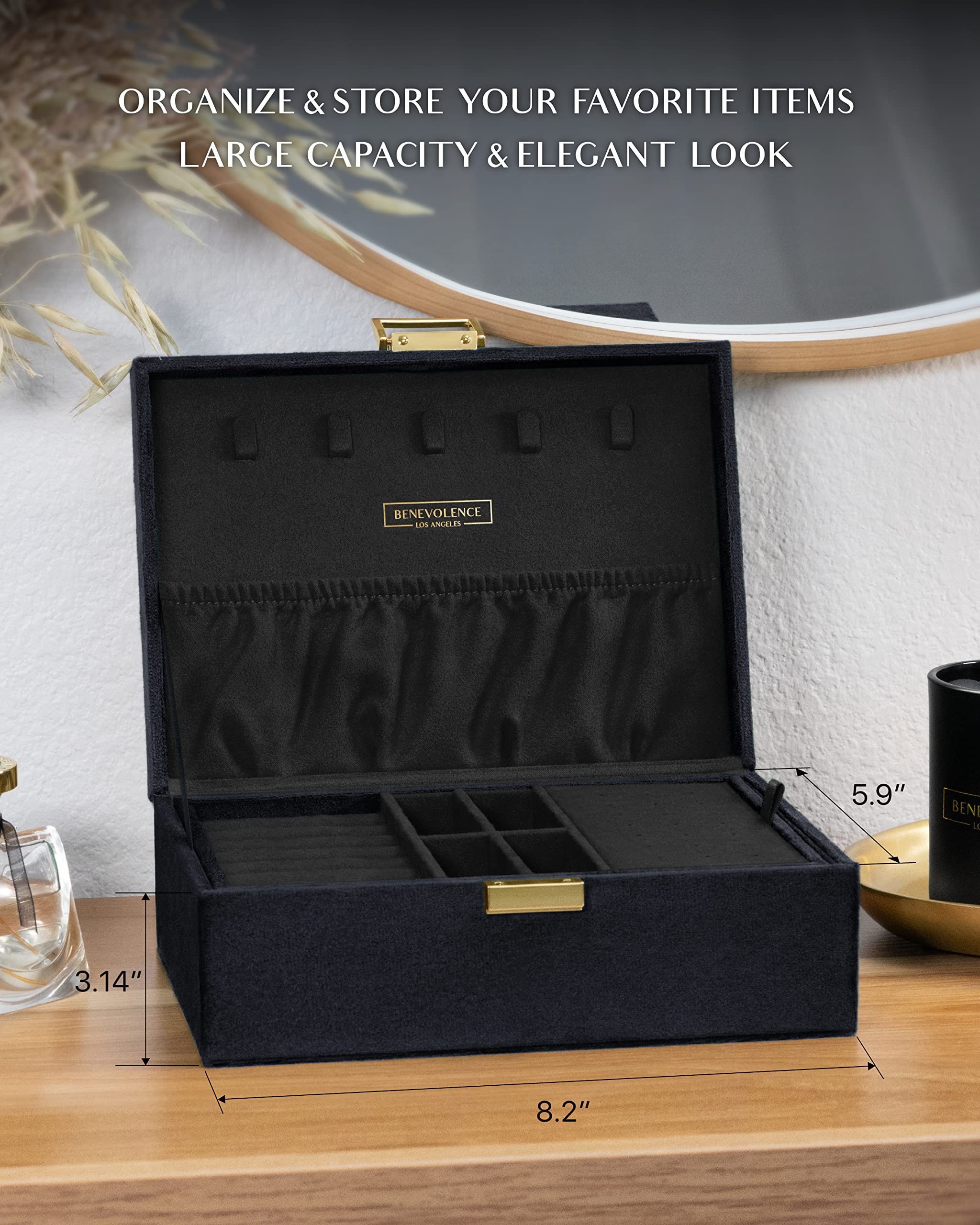 Benevolence LA 2 Layer Jewelry Box for Women, Large Velvet Jewelry Organizer with Decorative Lock, Removable Jewelry Tray, Earrings, Bracelets, Rings and Necklace Storage Box - Emerald: Benevolence LA Large Jewelry Storage Box | Velvet Boxes for Women | Earring, Bracelets, Rings, Necklace Organizer | 2 Layer Case for Women's Accessories - Ebony