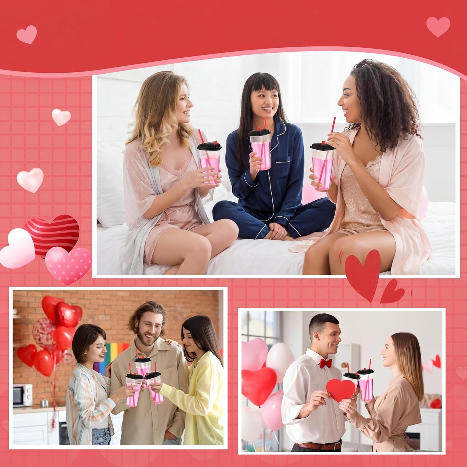 Potchen 60 Sets Heart Shaped Plastic Cups with Straws 16 oz Disposable Cups with Lid and Straws for Valentines Birthday Wedding Anniversary Party Supplies (Red and Black)