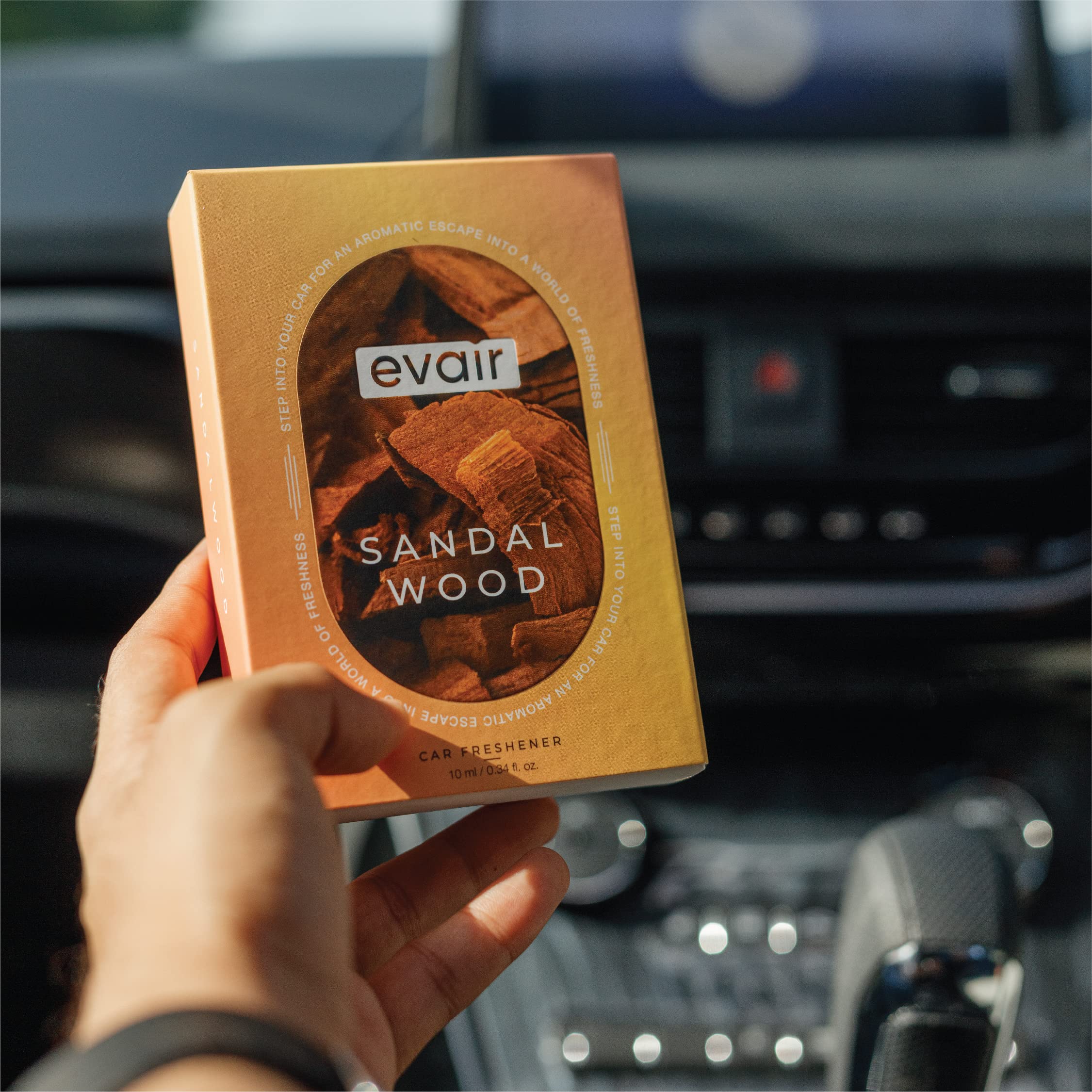 Evair SANDALWOOD Luxury Car Air Freshener | Essential Oil Hanging Car Perfume | Long Lasting Car Fragrance Diffuser | Premium Glass Bottle with Wooden Diffuser Hanging Pod | 10ml (Pack of 1) 3