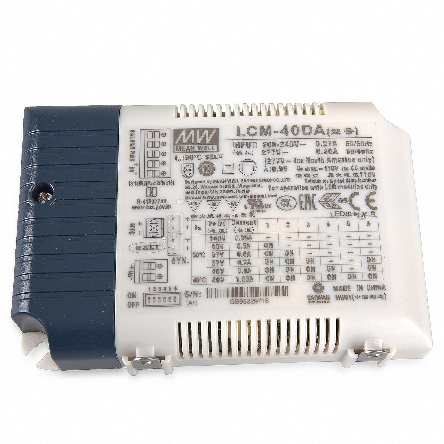 Top view of MEAN WELL LCM-40DA LED Driver with detailed labels