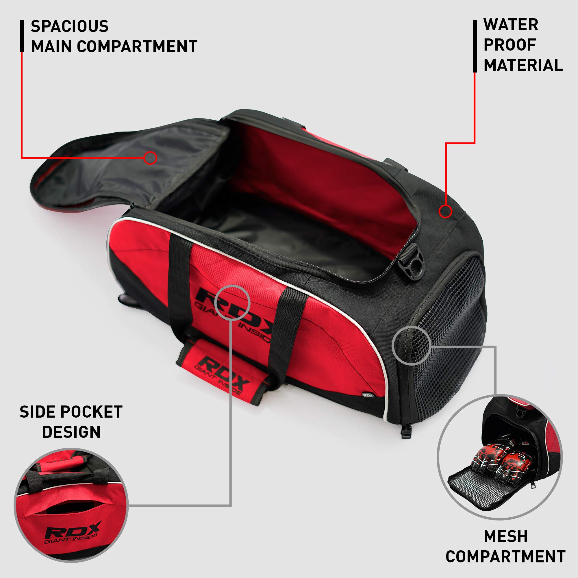 RDX Sporttasche mit Fach für Schuhe Gym Backpack Boxen Gymnastik Ausrüstung Rucksack Umhängetasche Trekking Outdoor Damen und Herren Handtasche für Reise, rot / schwarz