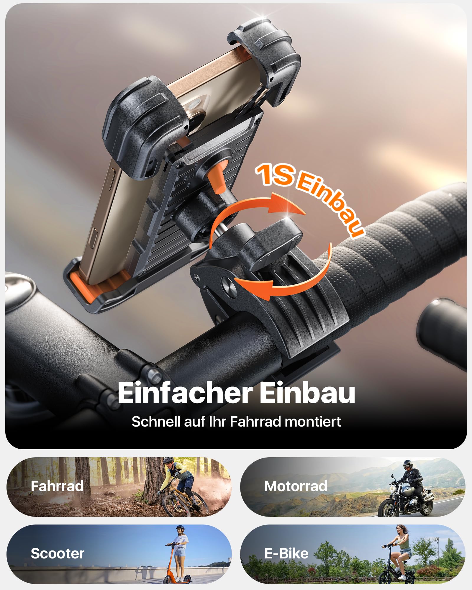 andobil 2026 Handyhalterung Fahrrad [ Top Verarbeitet ] 165 km/h Stoßfest [ 1s Einhandbedienung ] Universal Handyhalterung Motorrad 360° Handyhalter Fahrrad für iPhone 17/16/15 Pro Max Samsung S25
