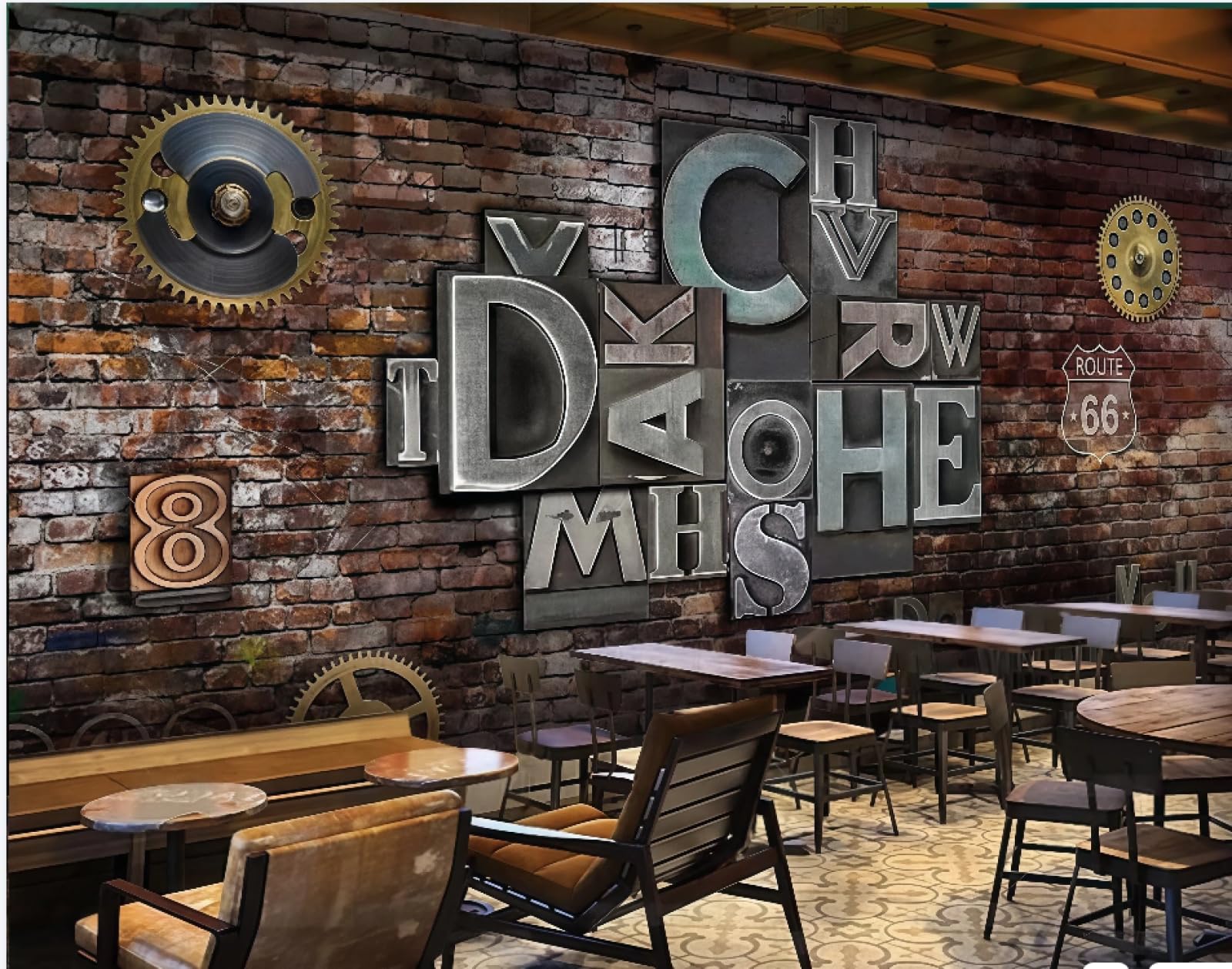 rskjdghshd Wallpaper Retro Brick Wall Three-Dimensional English Letters Gear Theme Music Bar Western Restaurant Background Wall Mural Afternoon Tea Coffee Shop Wallpaper,3D,200x140cm