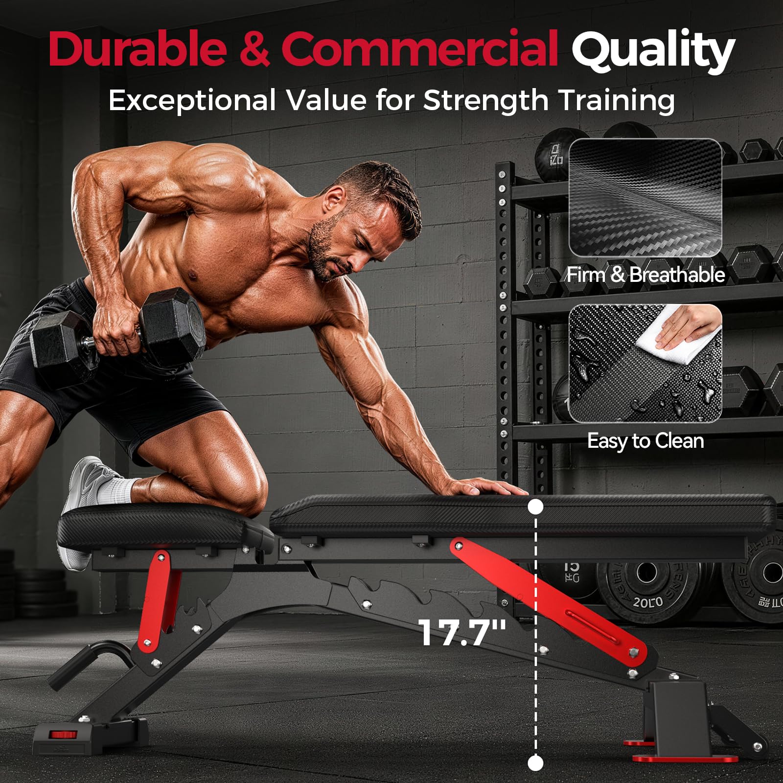 WB7 Weight Bench, Commercial Grade Adjustable Weight Bench - 1300LBS Workout Bench for Home Gym, Flat Incline Bench Press Heavy Duty Bench with 34'' Extra-Long Backrest and Easy-Roll Wheels
