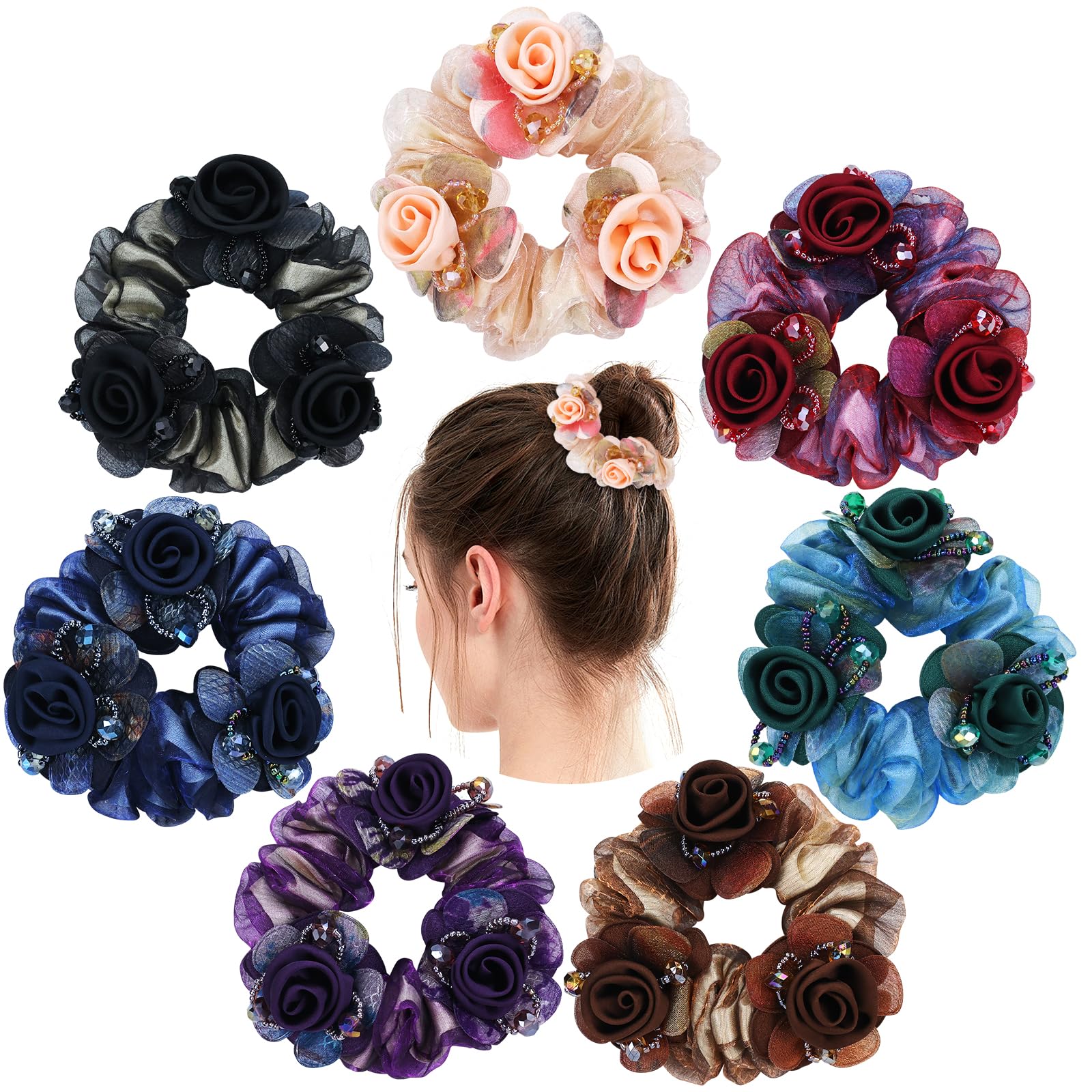 inSowni 7 Pieces Stretchy Mesh Rose Flower Hair Scrunchies Ponytail Holders Floral Hair Ties Bands Elastics Accessories for Women Girls