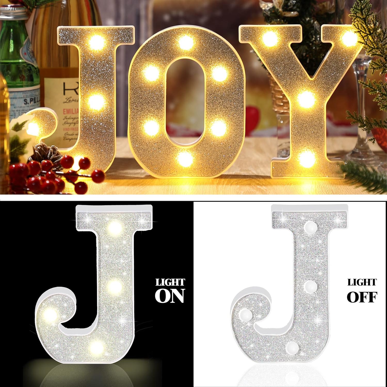 3 Pcs Christmas Joy LED Letter Lights Neon Letters Joy Sign Glitter Alphabet Sign Decorative Marquee Letter Battery Powered Light Decor for Xmas Party Home Wedding, J, O, Y (Silver)