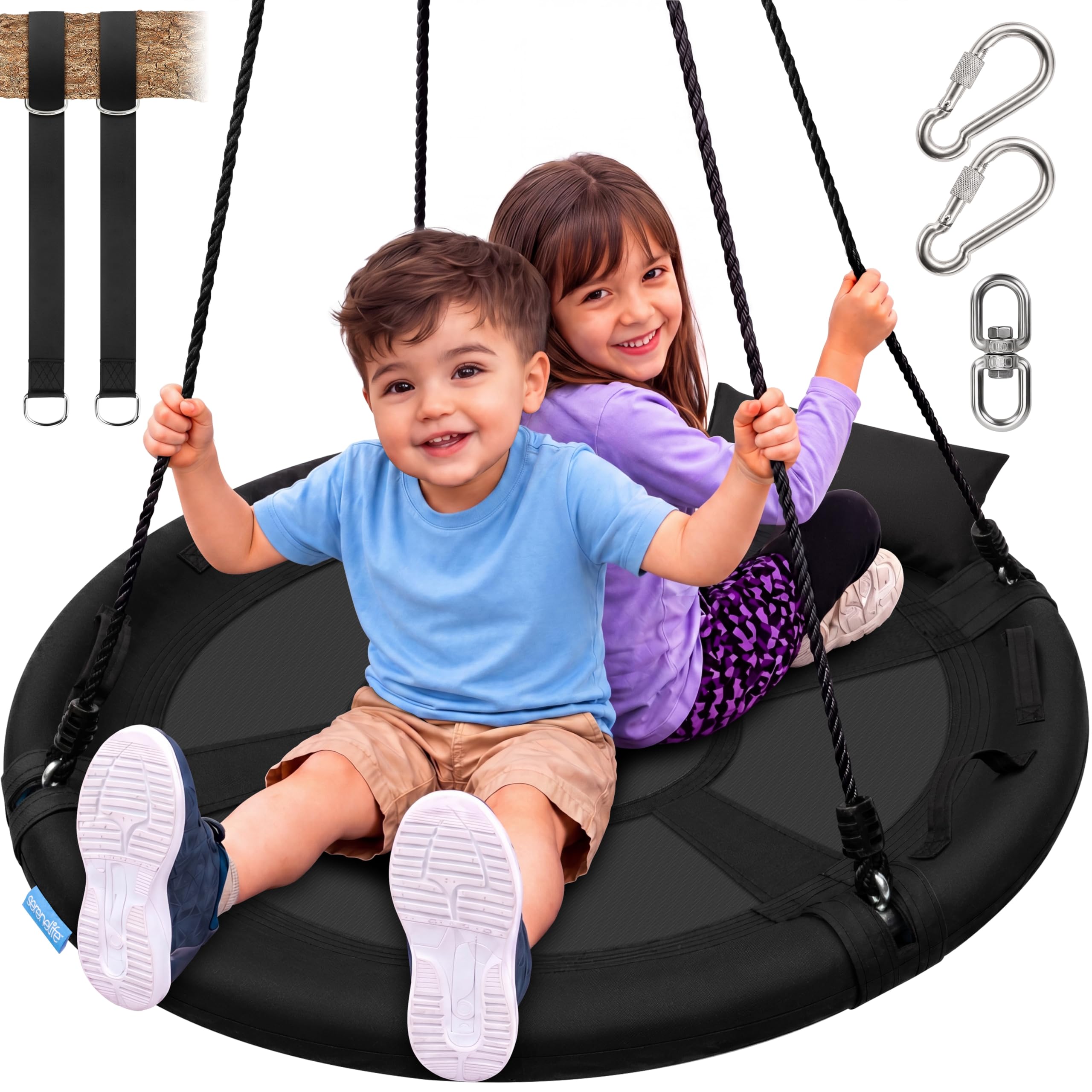 Photo 1 of ***MISSING PIECES -SELLING AS PIECES ONLY*** SereneLife Saucer Swing with Tree Hang Kit, 40” Outdoor Tree Swing, 2 Adjustable Hanging Rope Straps and Center Swivel Spinner for Kids (Black)***MISSING PIECES -SELLING AS PIECES ONLY***